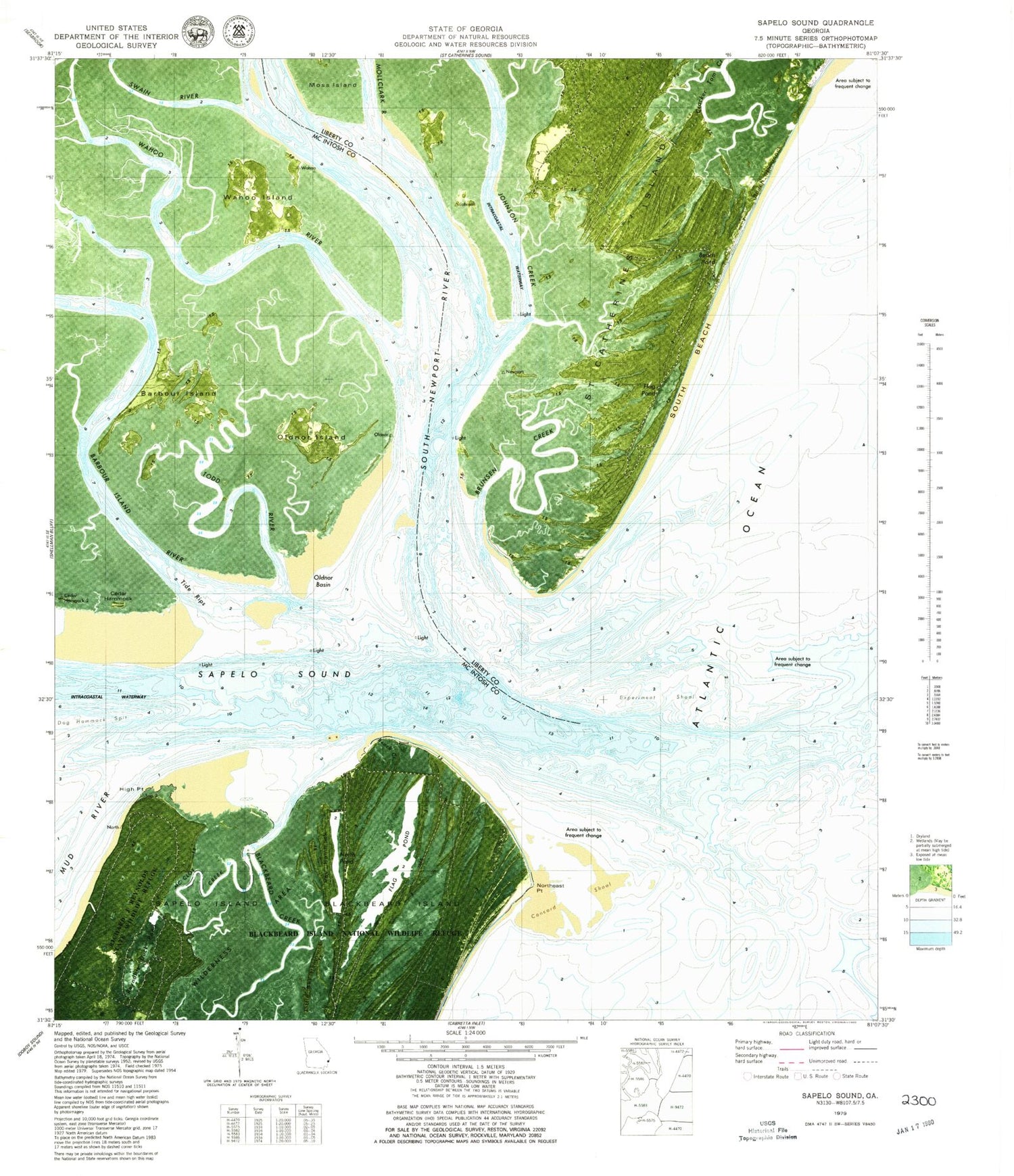 Classic USGS Sapelo Sound Georgia 7.5'x7.5' Topo Map Image