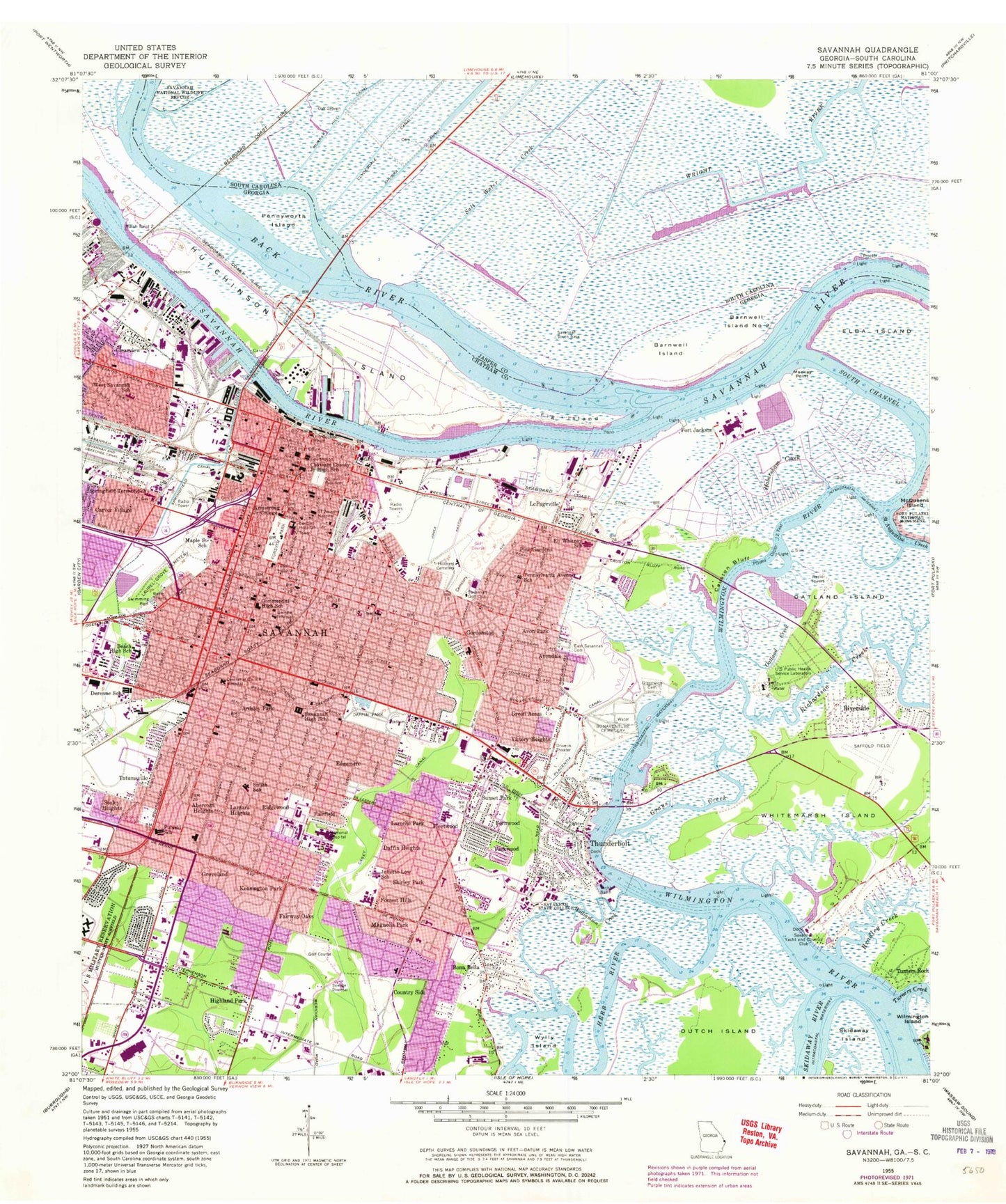 Classic USGS Savannah Georgia 7.5'x7.5' Topo Map Image