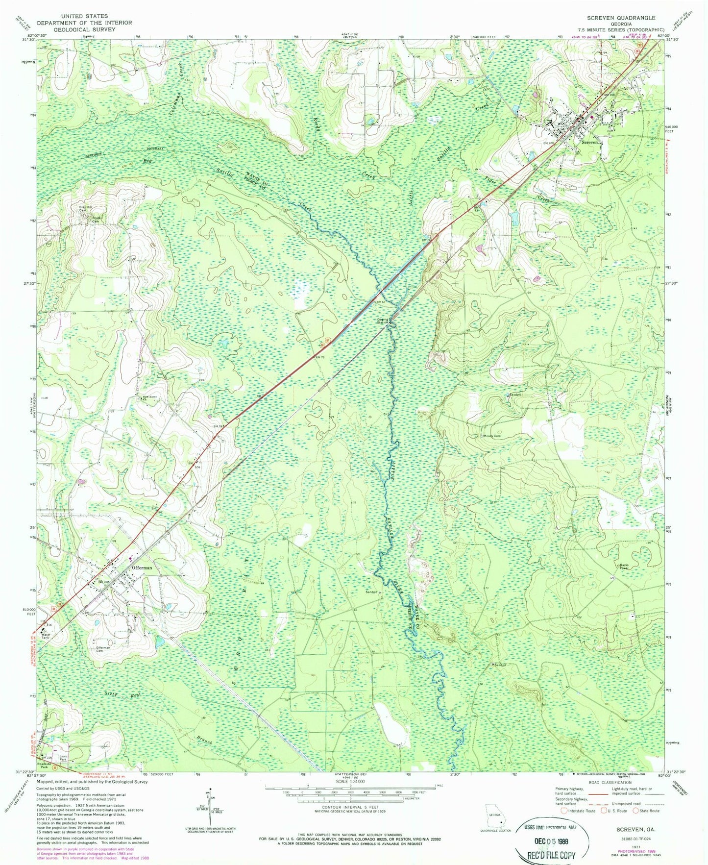 Classic USGS Screven Georgia 7.5'x7.5' Topo Map Image