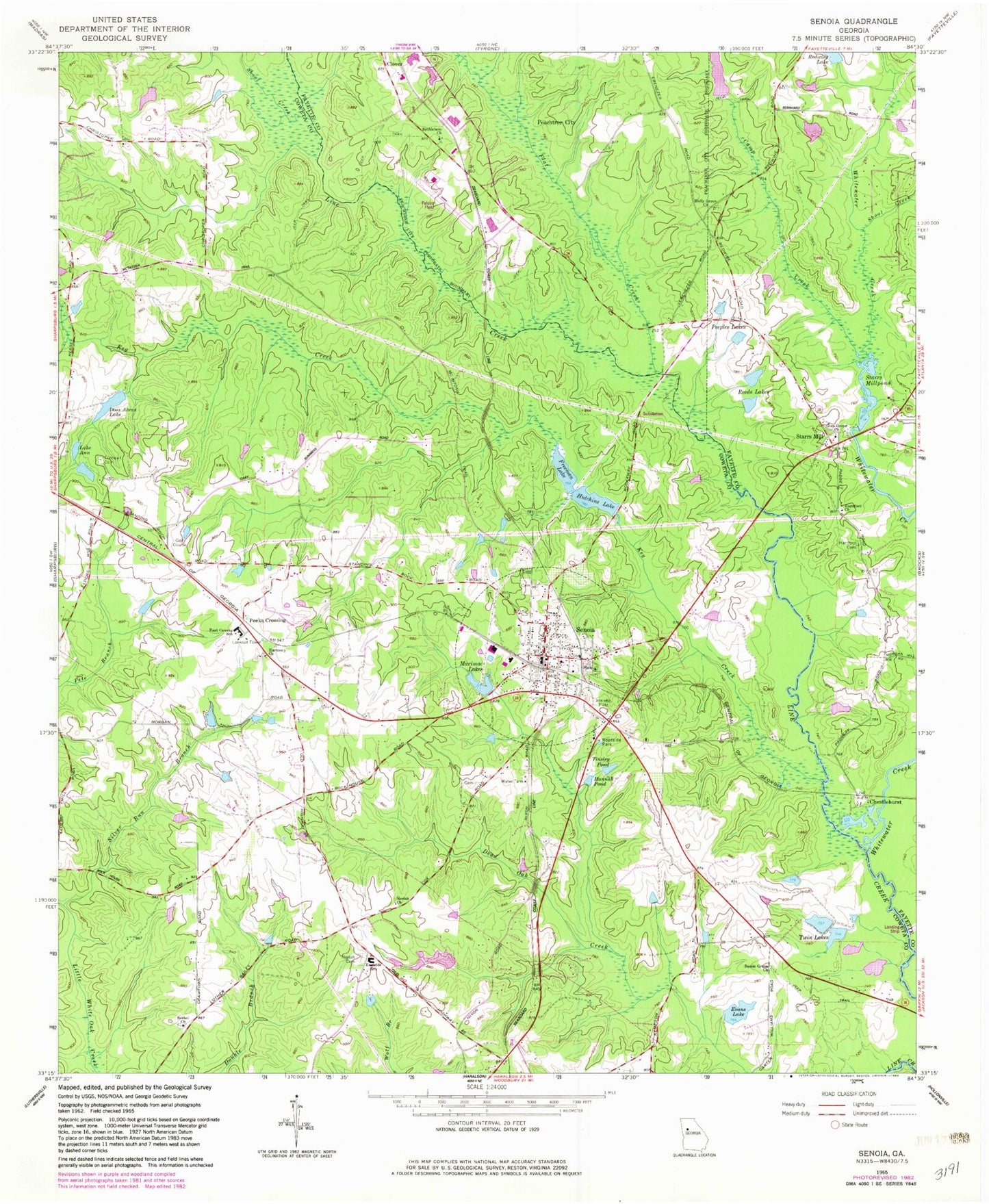 Classic USGS Senoia Georgia 7.5'x7.5' Topo Map Image