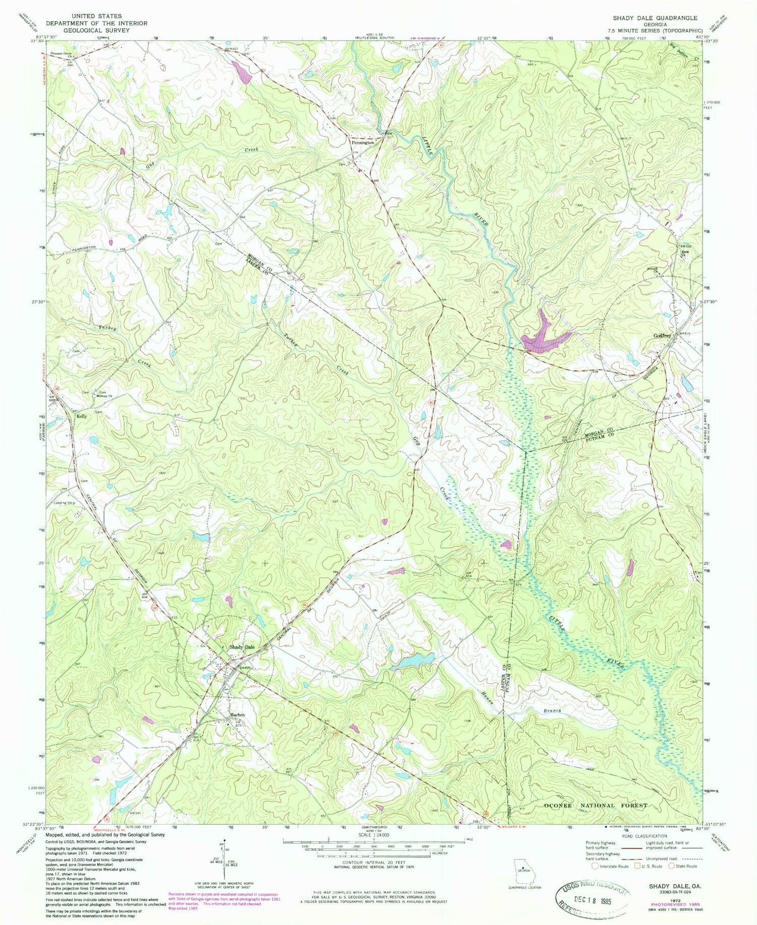 Classic USGS Shady Dale Georgia 7.5'x7.5' Topo Map Image