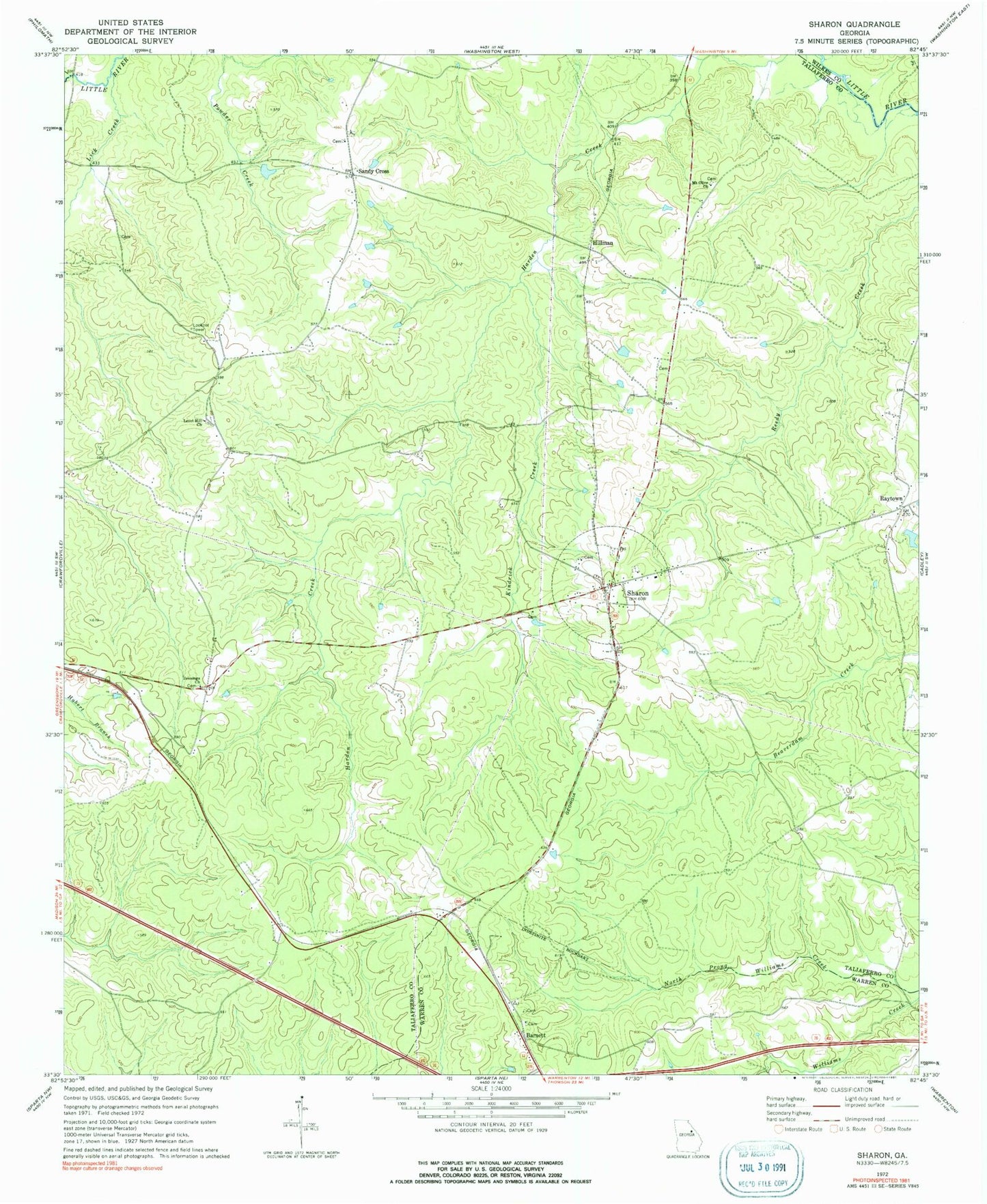 Classic USGS Sharon Georgia 7.5'x7.5' Topo Map Image
