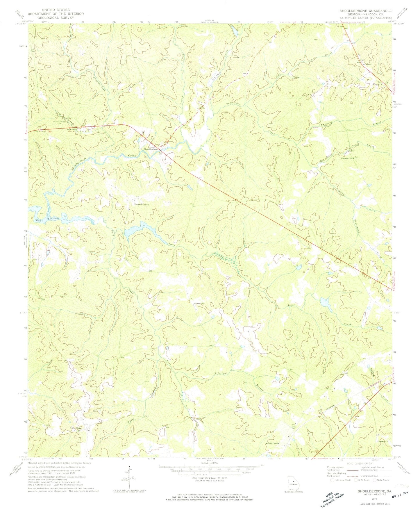 Classic USGS Shoulderbone Georgia 7.5'x7.5' Topo Map Image