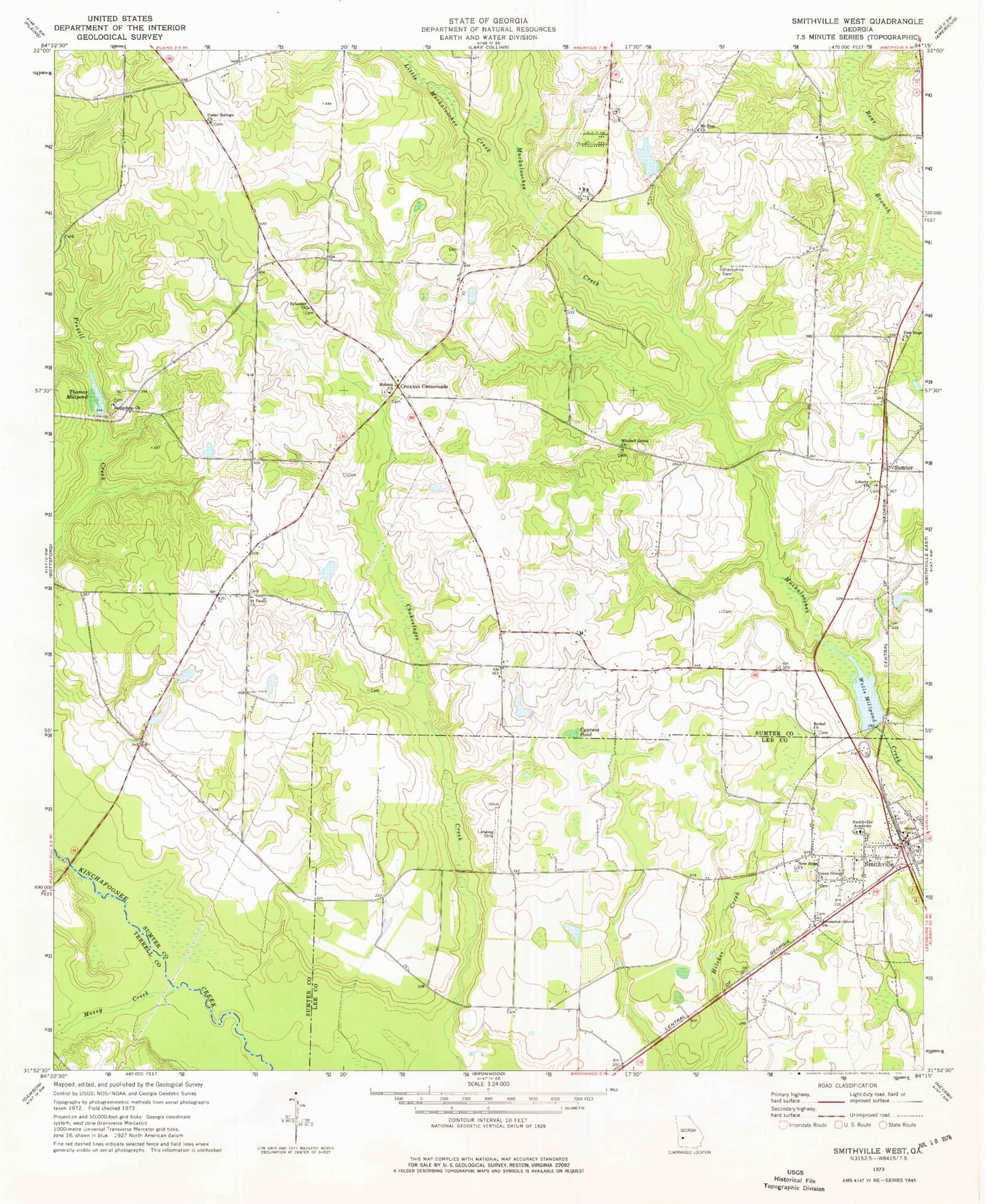 Classic USGS Smithville West Georgia 7.5'x7.5' Topo Map Image