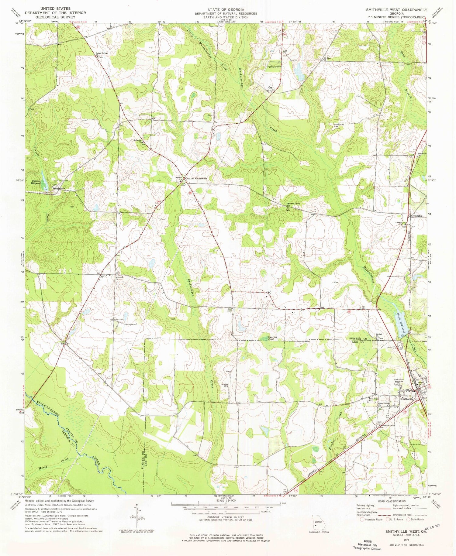 Classic USGS Smithville West Georgia 7.5'x7.5' Topo Map Image