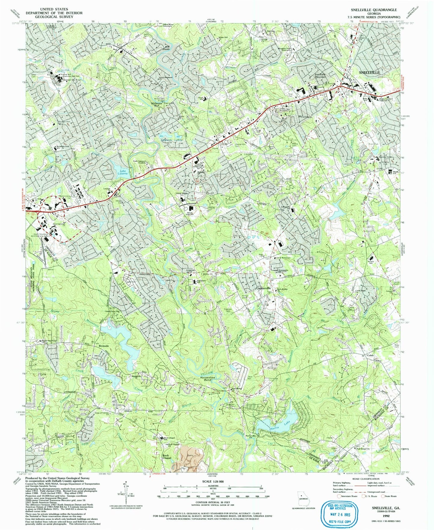 Classic USGS Snellville Georgia 7.5'x7.5' Topo Map Image