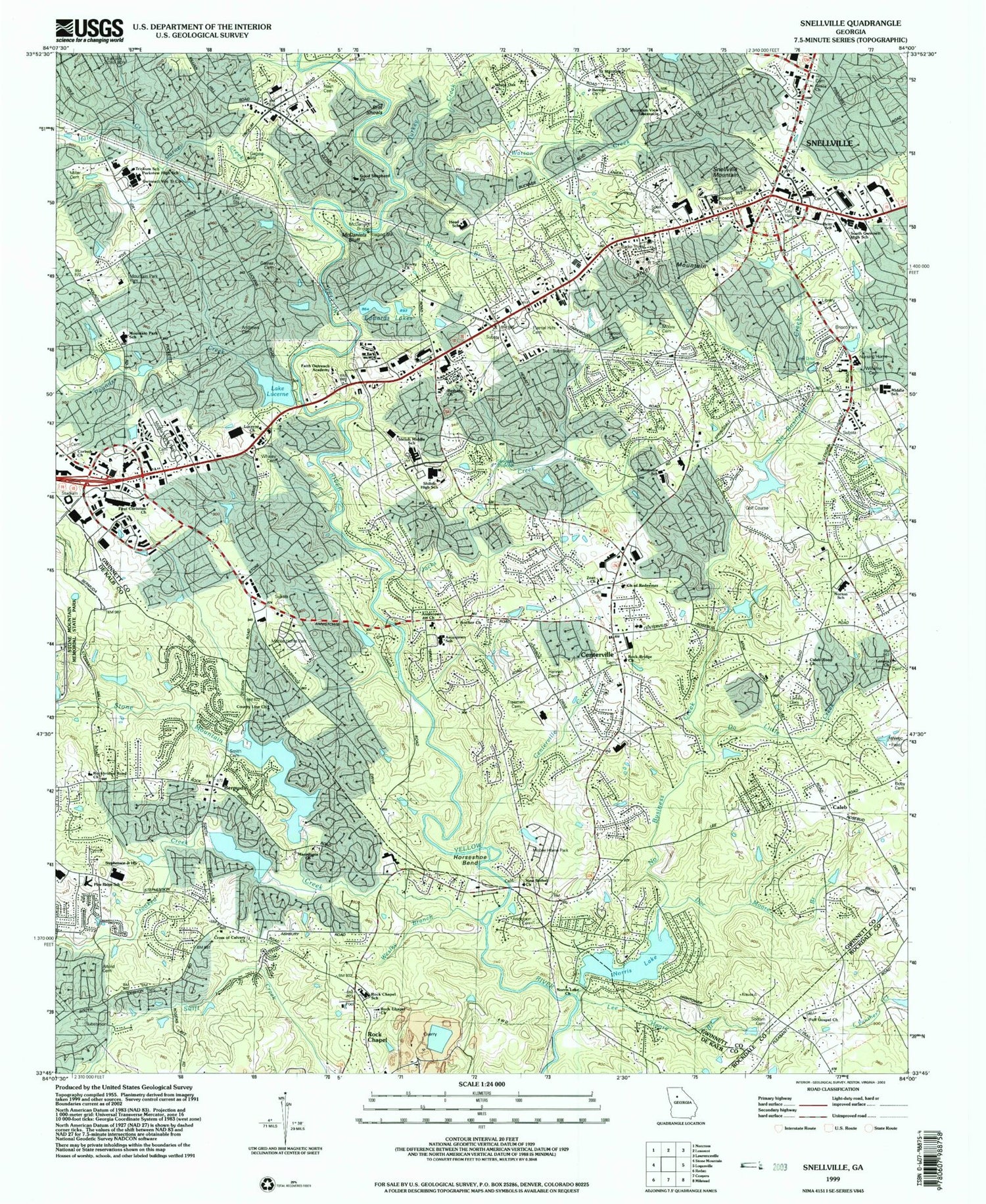 Classic USGS Snellville Georgia 7.5'x7.5' Topo Map Image