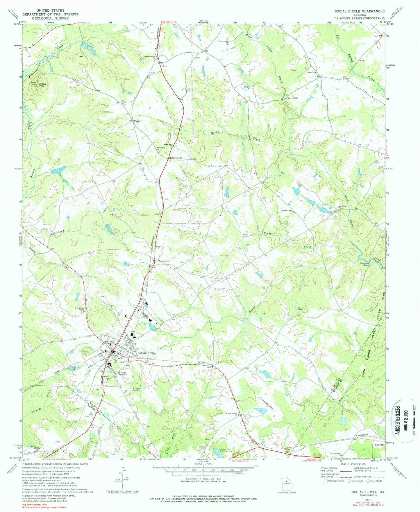 Classic USGS Social Circle Georgia 7.5'x7.5' Topo Map Image