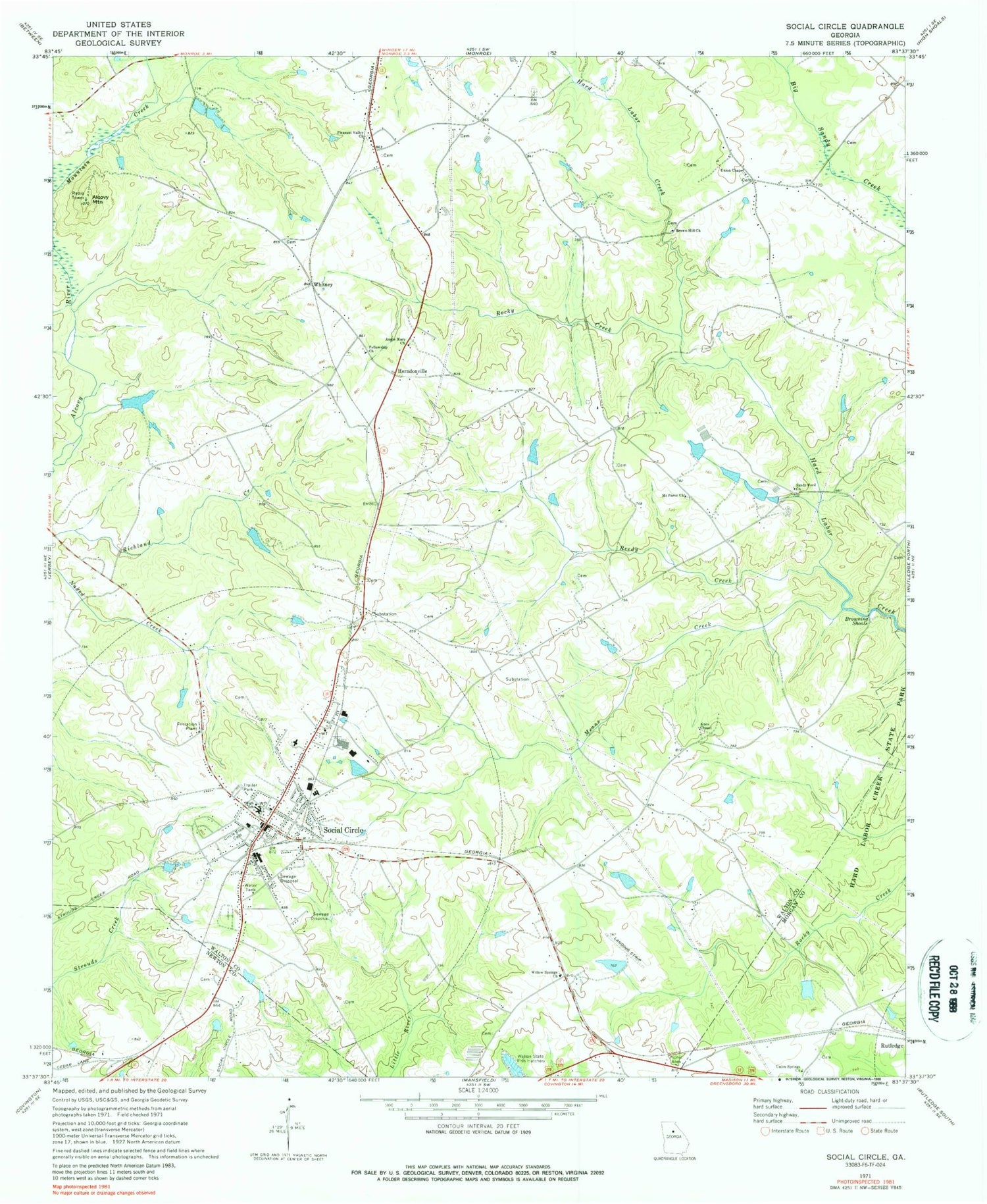 Classic USGS Social Circle Georgia 7.5'x7.5' Topo Map Image