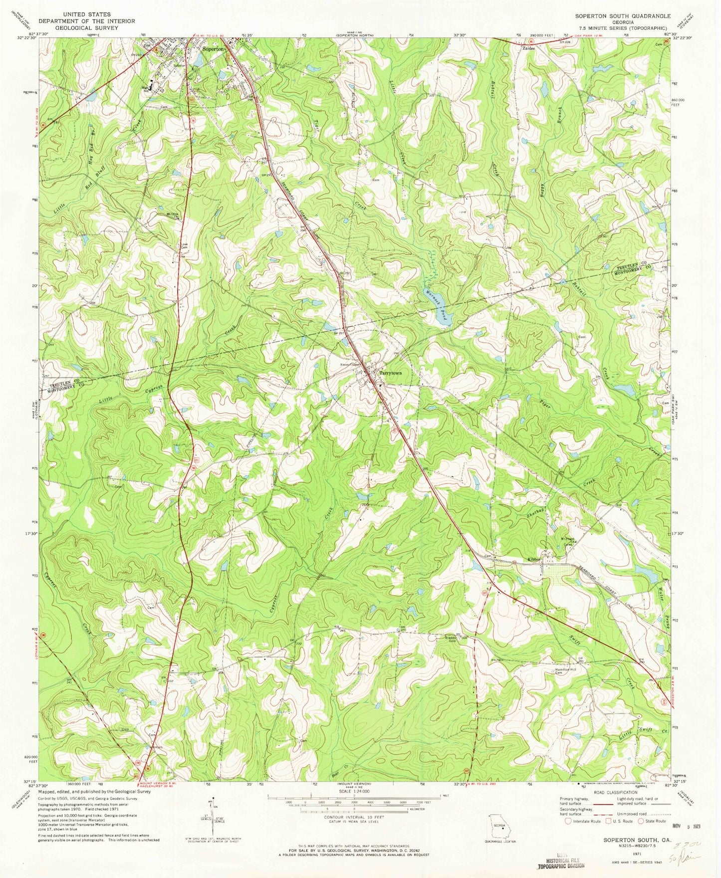 Classic USGS Soperton South Georgia 7.5'x7.5' Topo Map Image