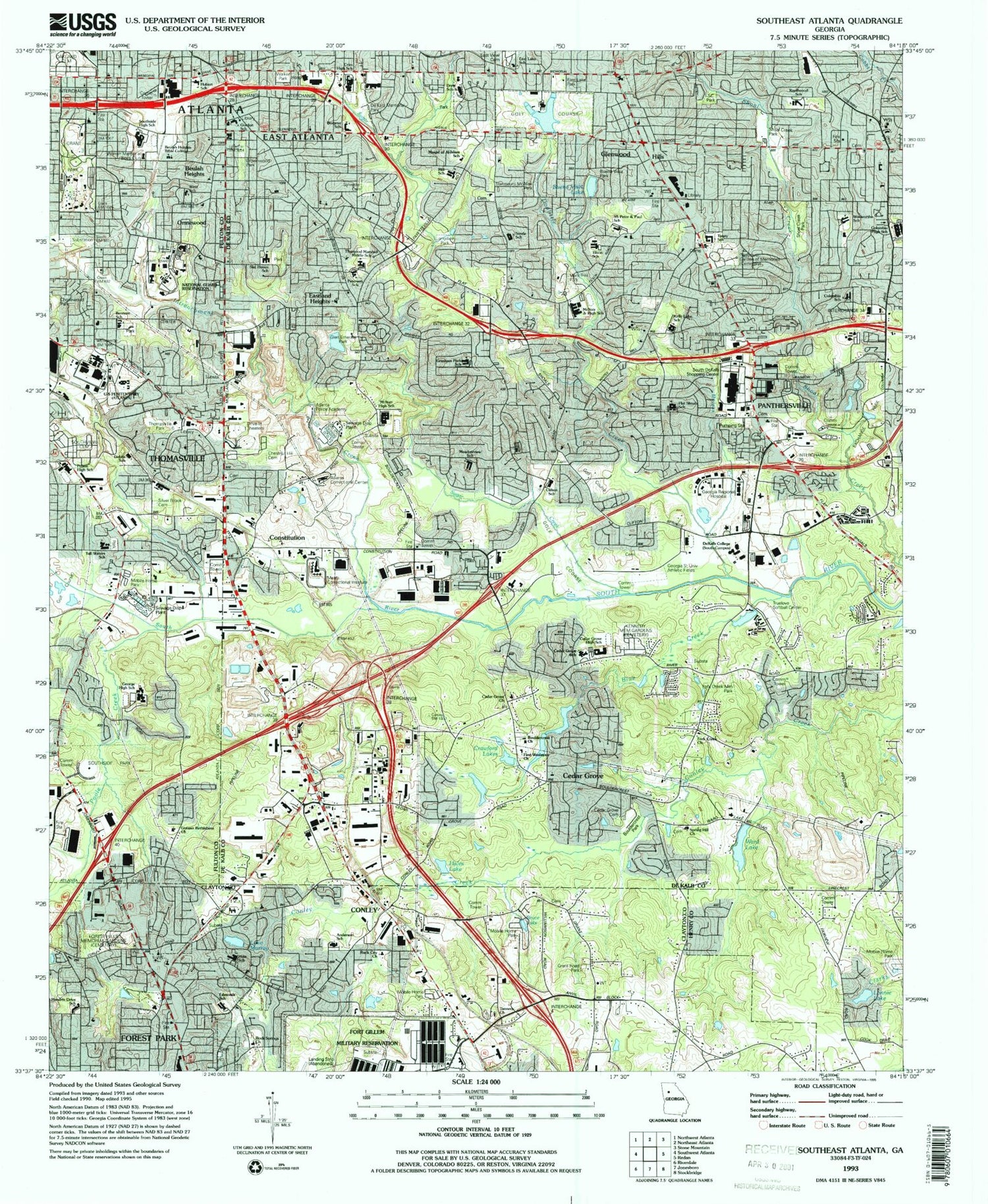 Classic USGS Southeast Atlanta Georgia 7.5'x7.5' Topo Map Image