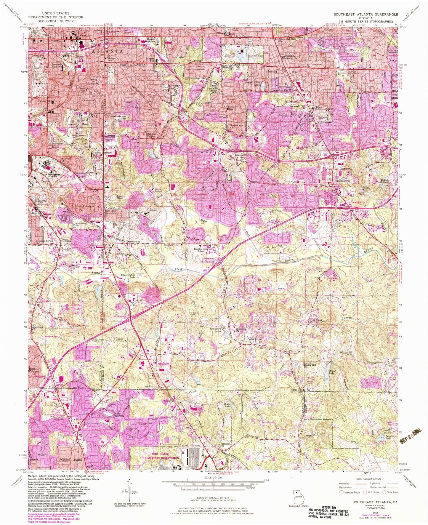 Classic USGS Southeast Atlanta Georgia 7.5'x7.5' Topo Map Image