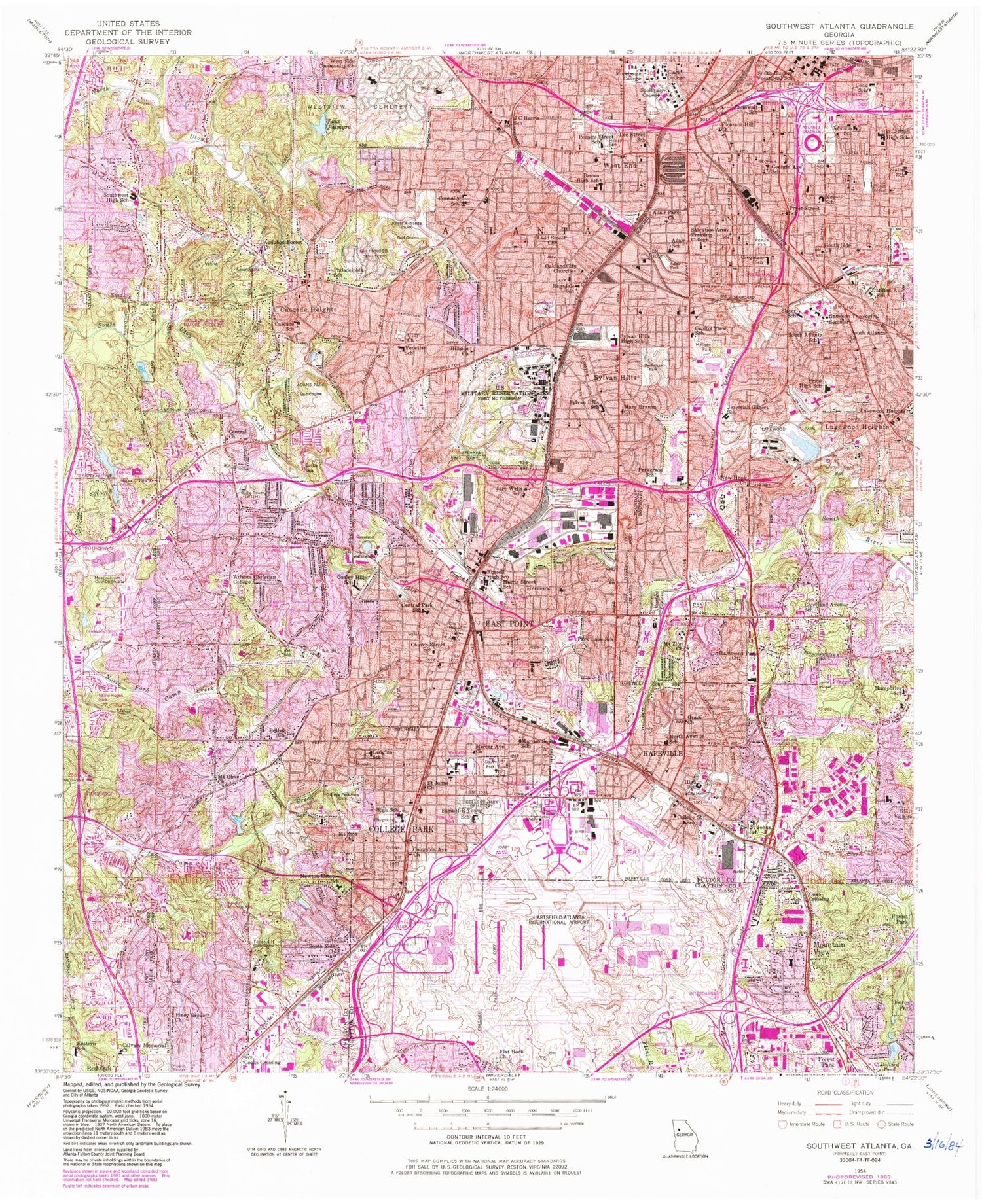Classic USGS Southwest Atlanta Georgia 7.5'x7.5' Topo Map Image