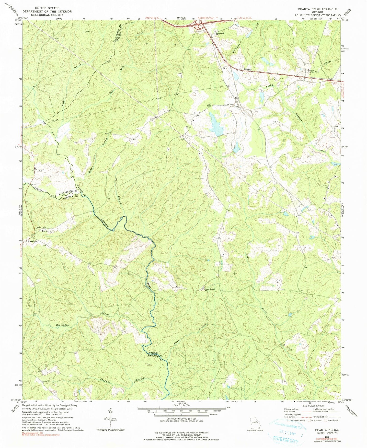 Classic USGS Sparta NE Georgia 7.5'x7.5' Topo Map Image