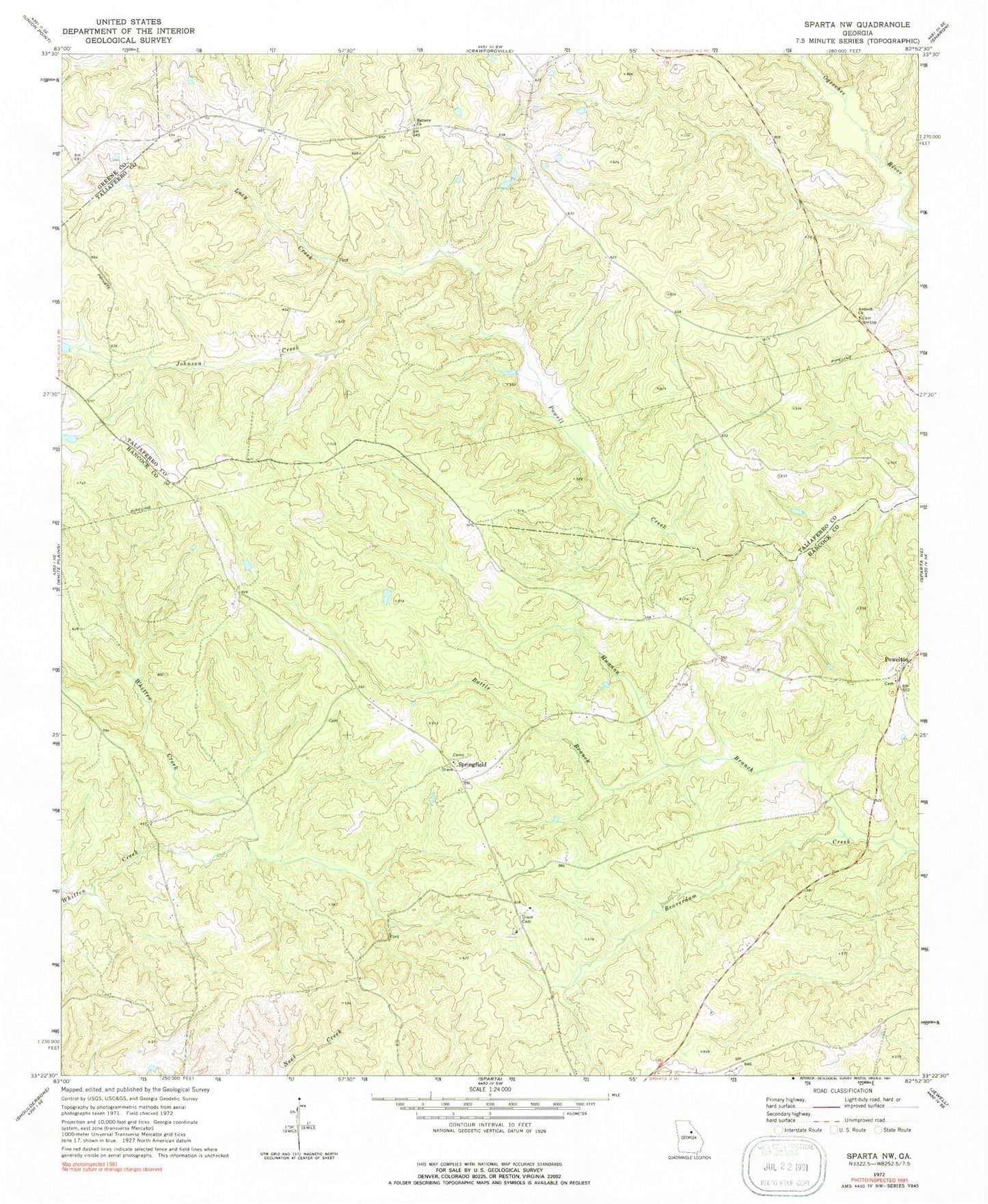 Classic USGS Sparta NW Georgia 7.5'x7.5' Topo Map Image