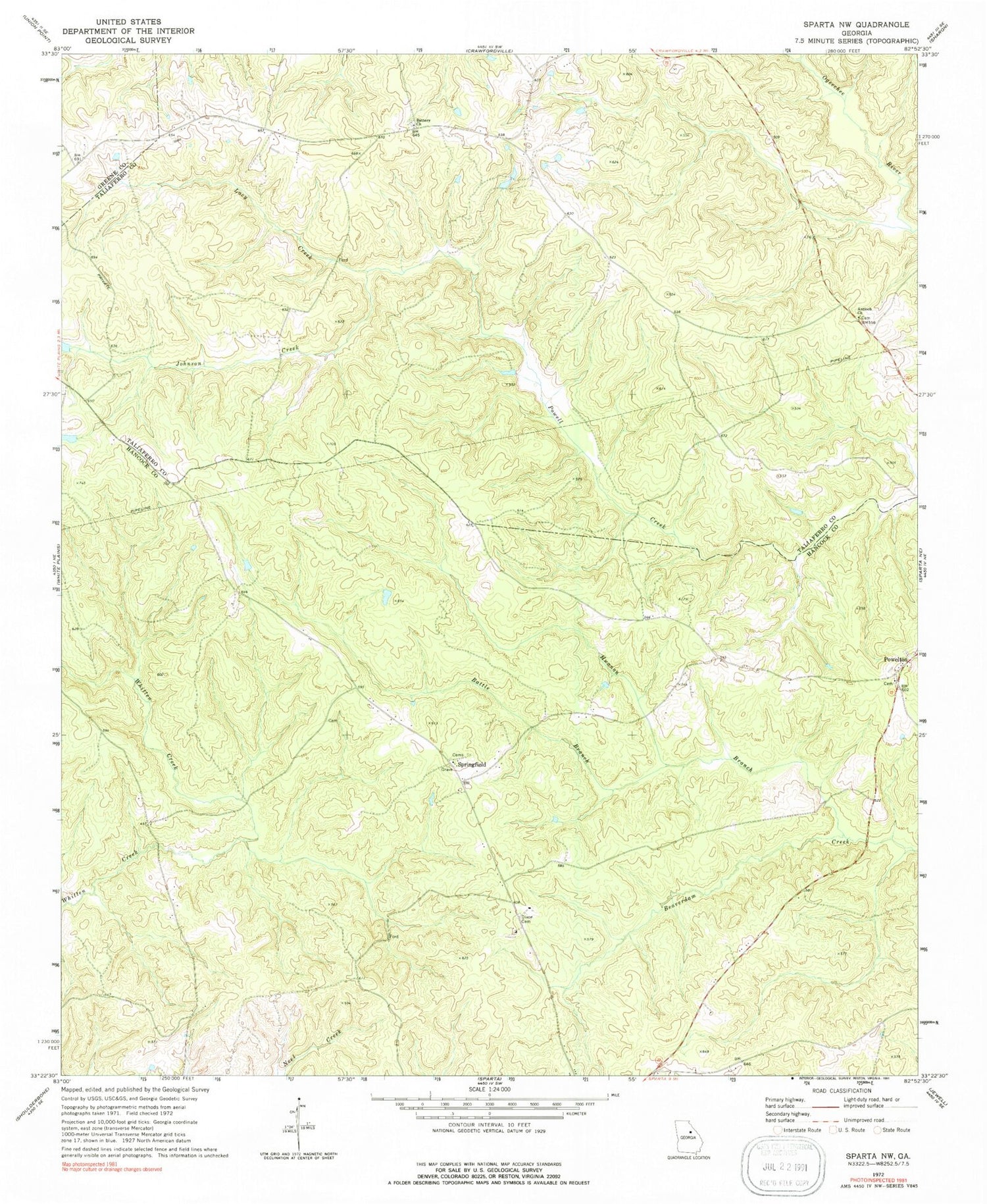 Classic USGS Sparta NW Georgia 7.5'x7.5' Topo Map Image