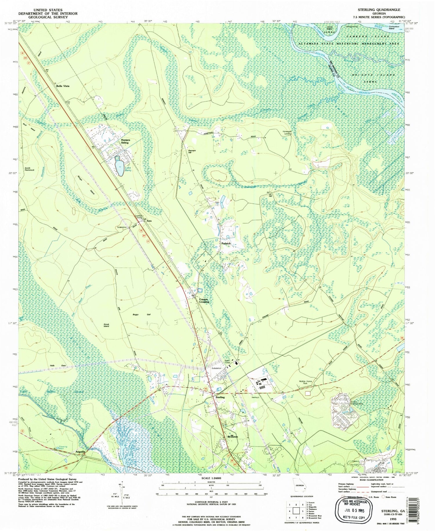 Classic USGS Sterling Georgia 7.5'x7.5' Topo Map Image