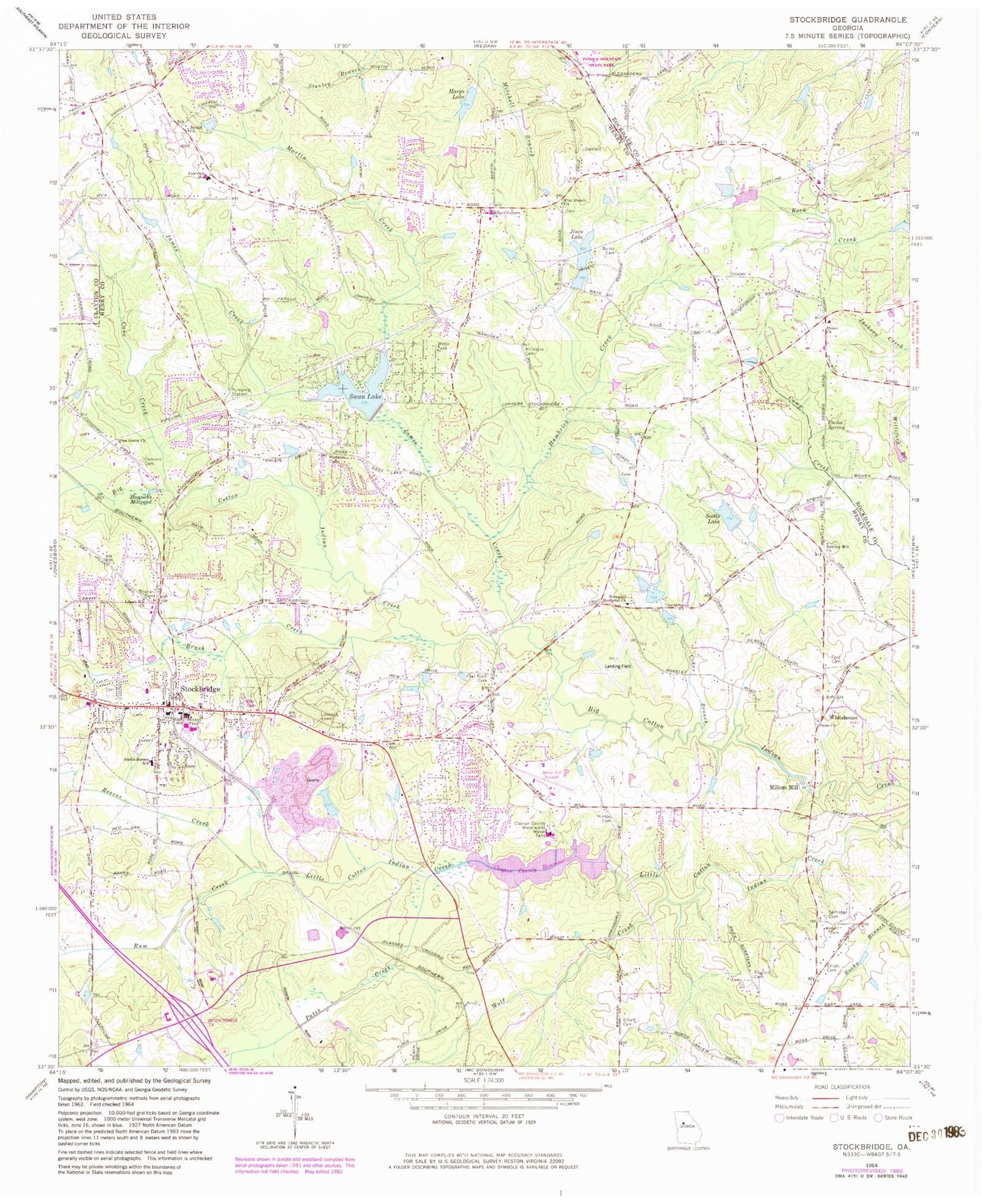 Classic USGS Stockbridge Georgia 7.5'x7.5' Topo Map Image