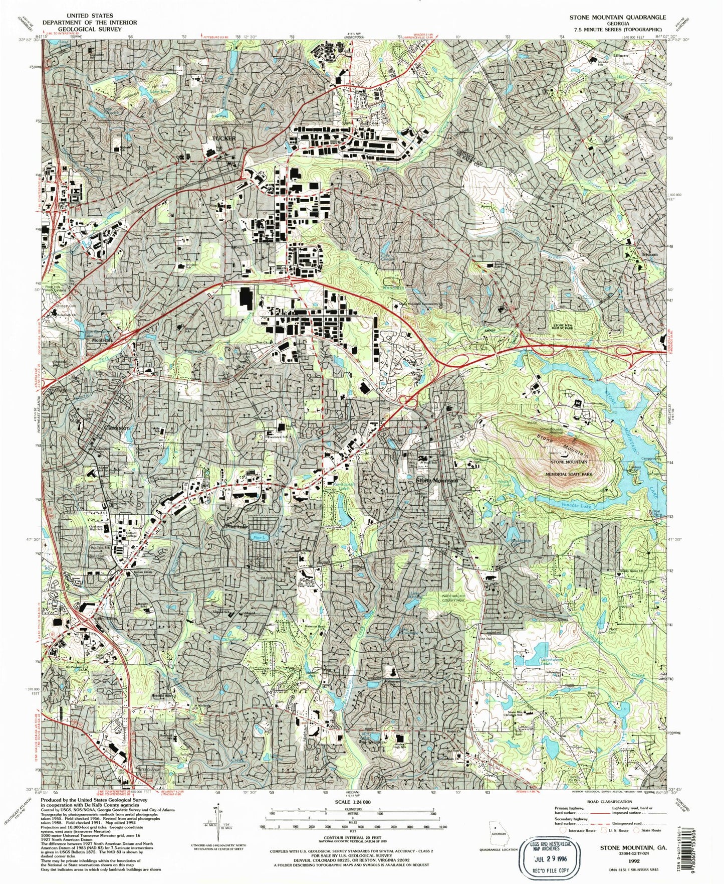 Classic USGS Stone Mountain Georgia 7.5'x7.5' Topo Map Image
