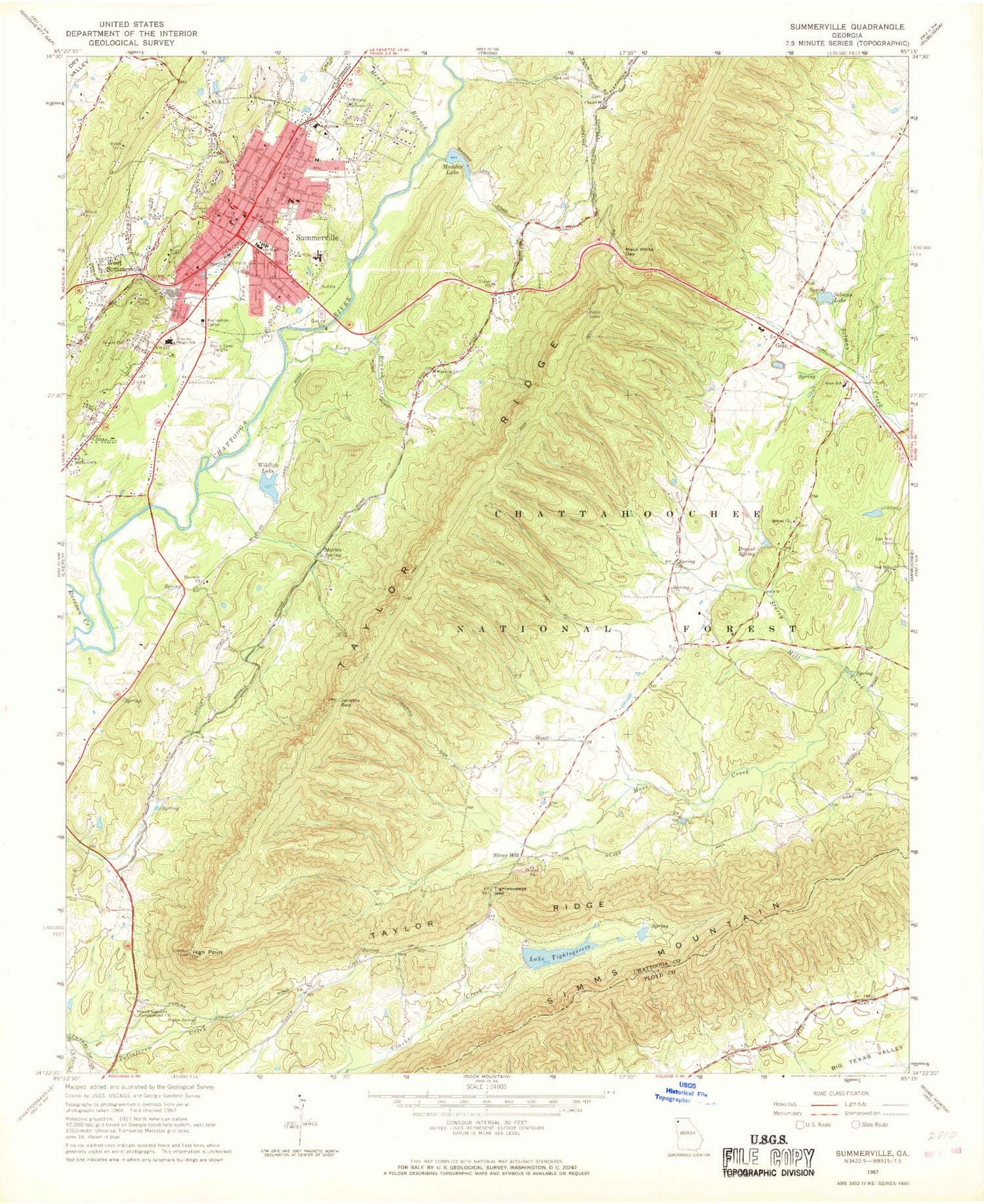 Classic USGS Summerville Georgia 7.5'x7.5' Topo Map Image