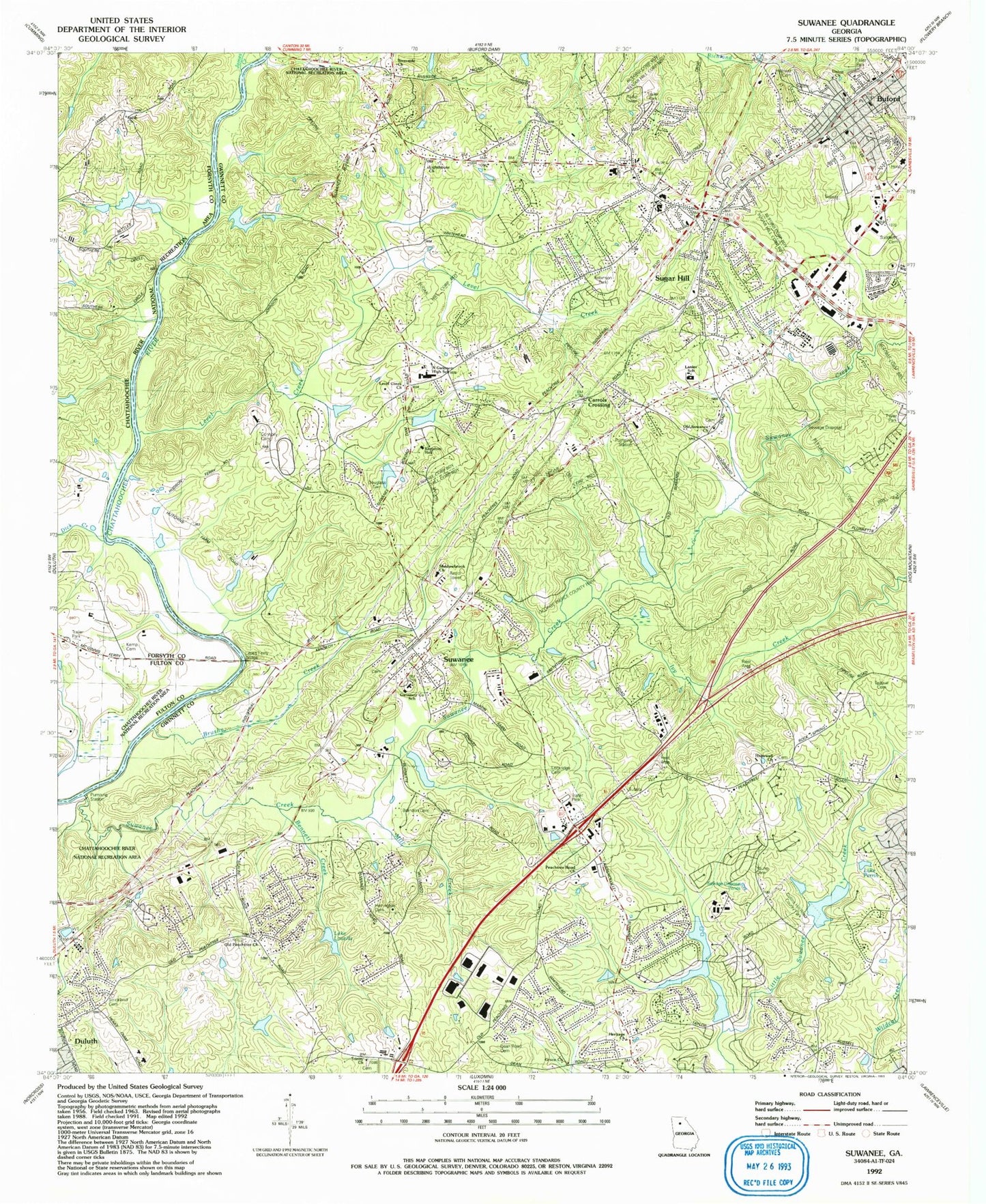 Classic USGS Suwanee Georgia 7.5'x7.5' Topo Map Image