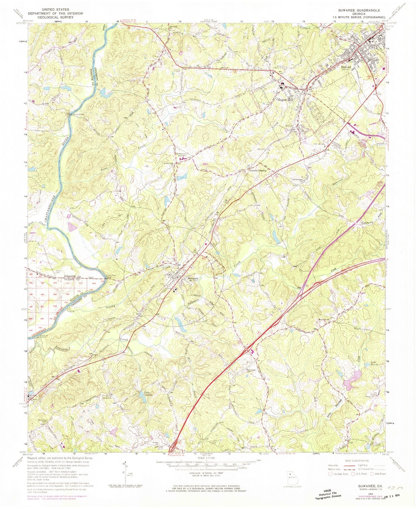 Classic USGS Suwanee Georgia 7.5'x7.5' Topo Map Image