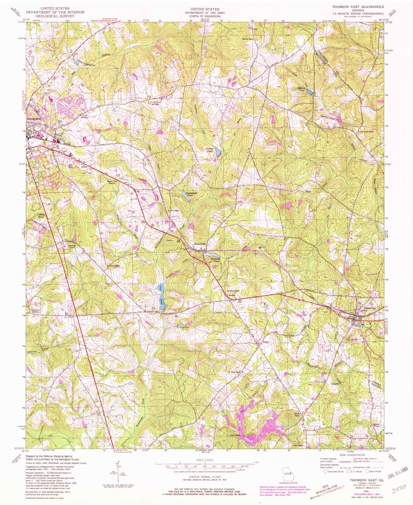 Classic USGS Thomson East Georgia 7.5'x7.5' Topo Map Image