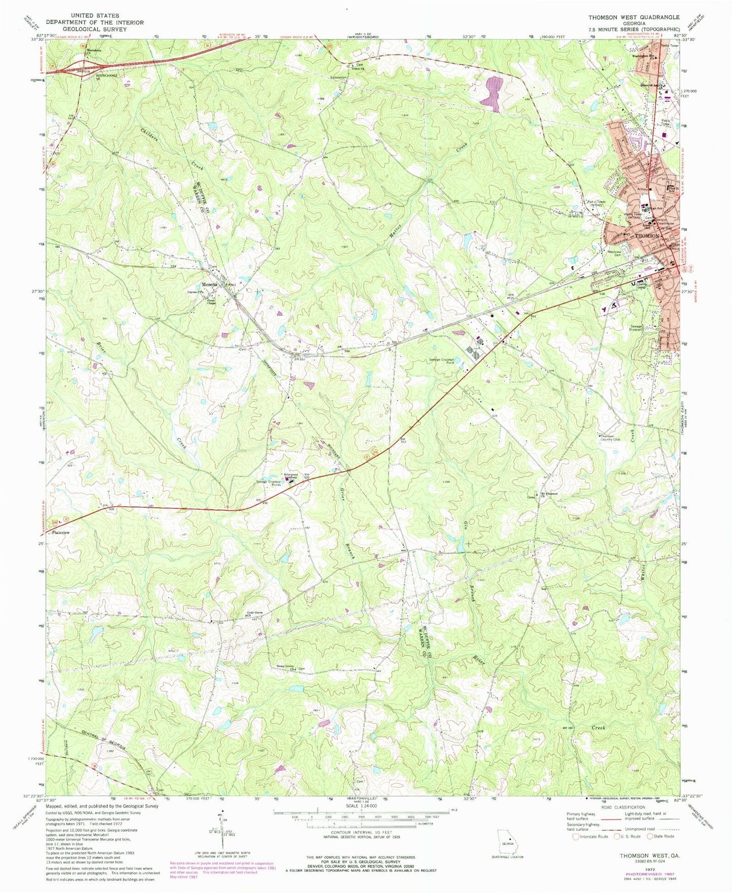 Classic USGS Thomson West Georgia 7.5'x7.5' Topo Map Image