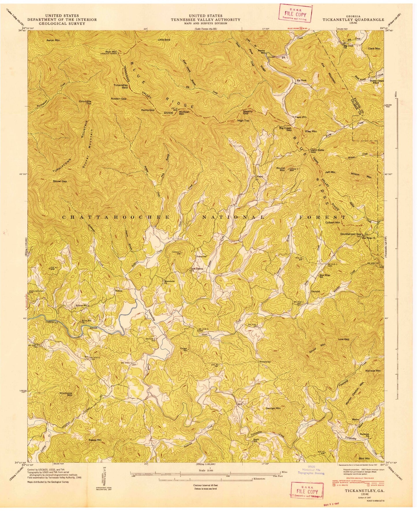 Classic USGS Tickanetley Georgia 7.5'x7.5' Topo Map Image