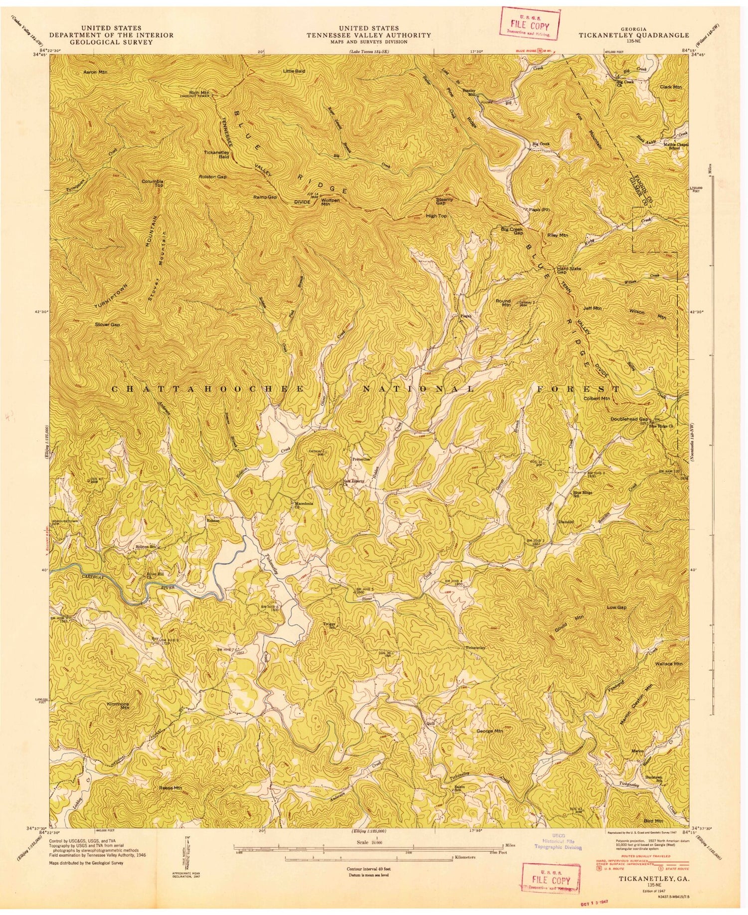 Classic USGS Tickanetley Georgia 7.5'x7.5' Topo Map Image