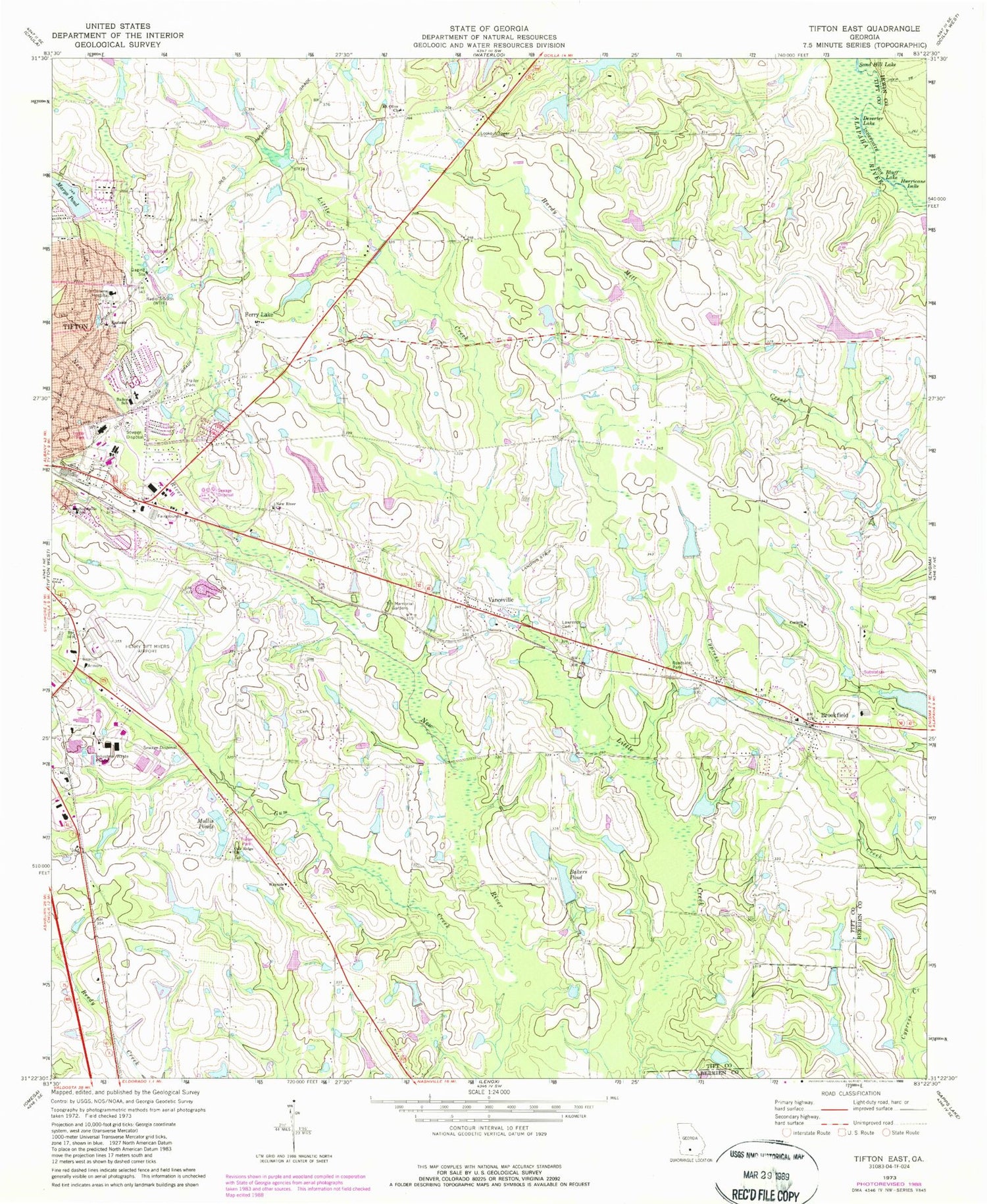 Classic USGS Tifton East Georgia 7.5'x7.5' Topo Map Image