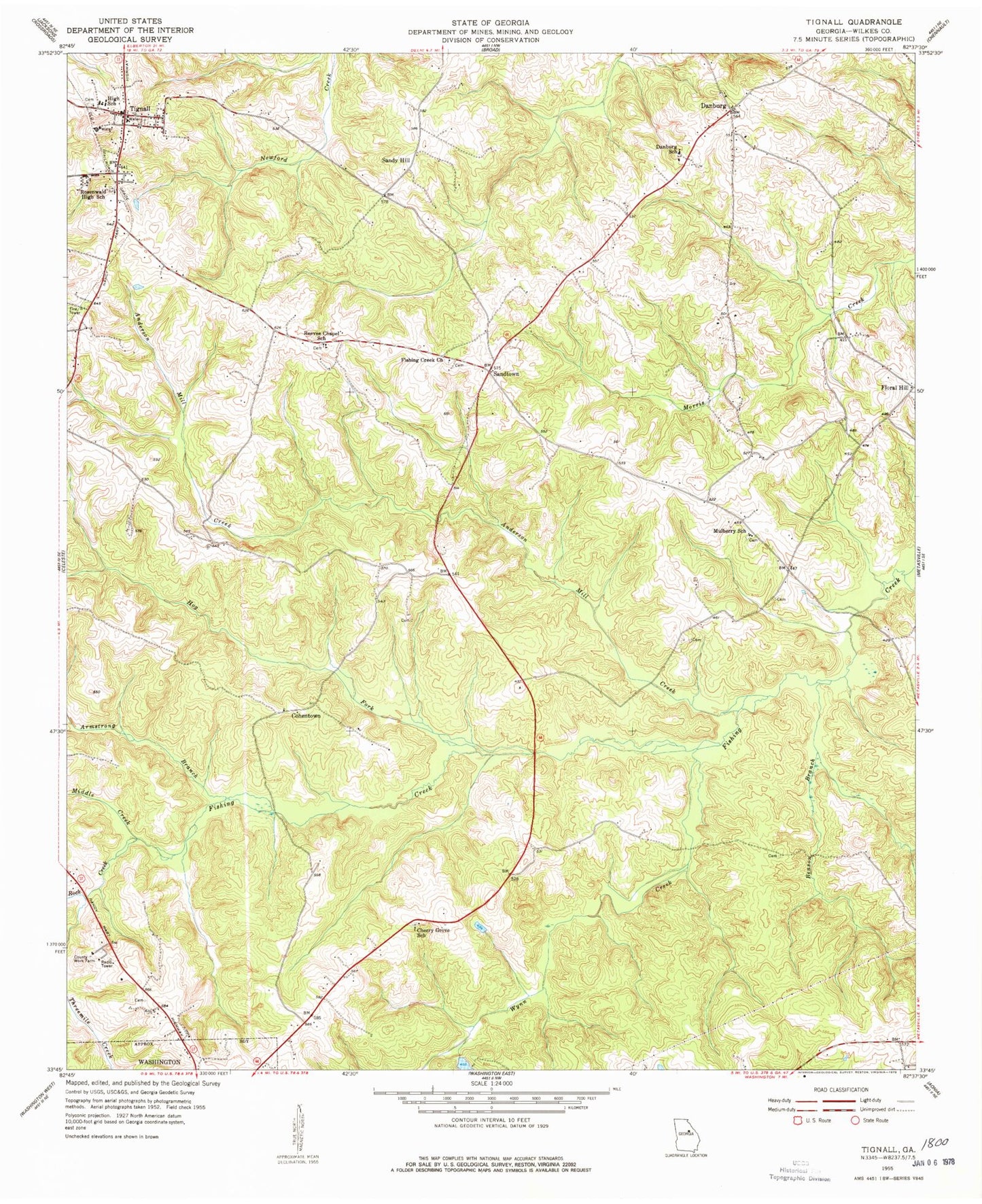 Classic USGS Tignall Georgia 7.5'x7.5' Topo Map Image