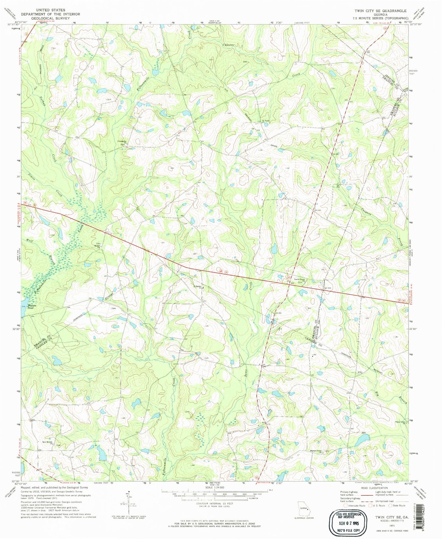 Classic USGS Twin City SE Georgia 7.5'x7.5' Topo Map Image