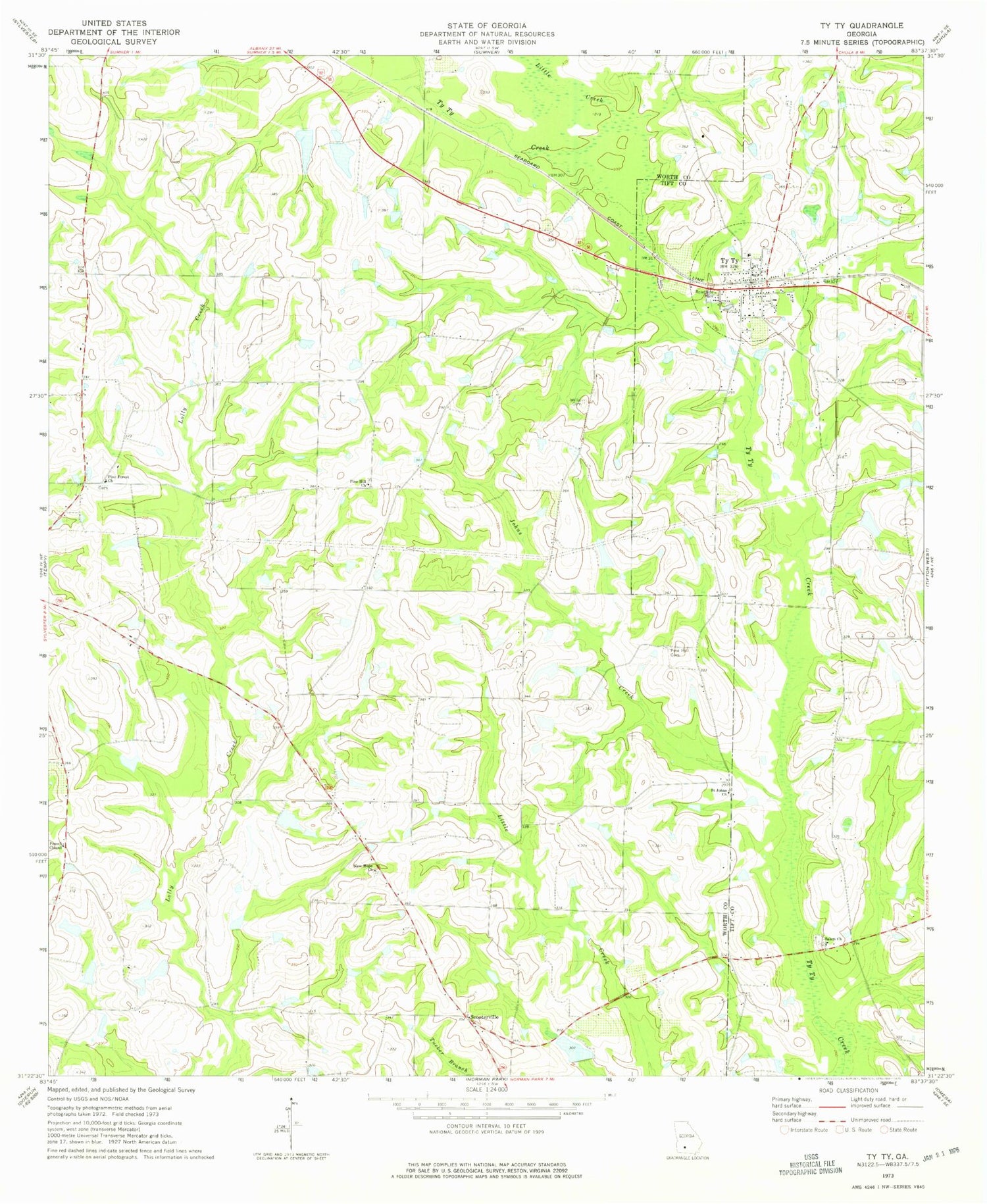 Classic USGS Ty Ty Georgia 7.5'x7.5' Topo Map Image