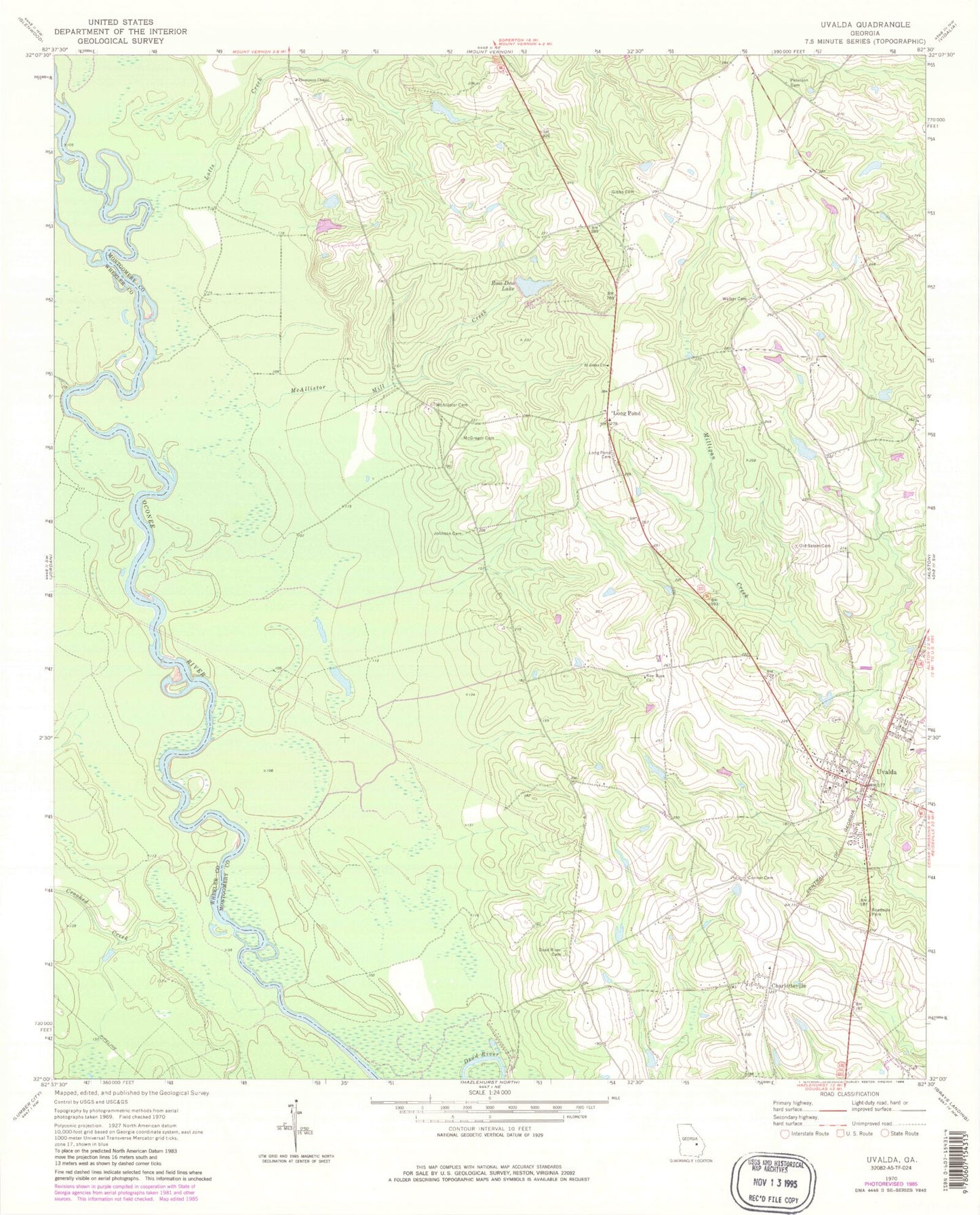 Classic USGS Uvalda Georgia 7.5'x7.5' Topo Map Image