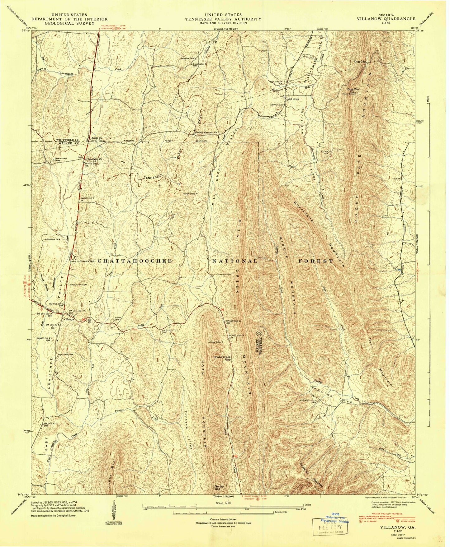 Classic USGS Villanow Georgia 7.5'x7.5' Topo Map Image