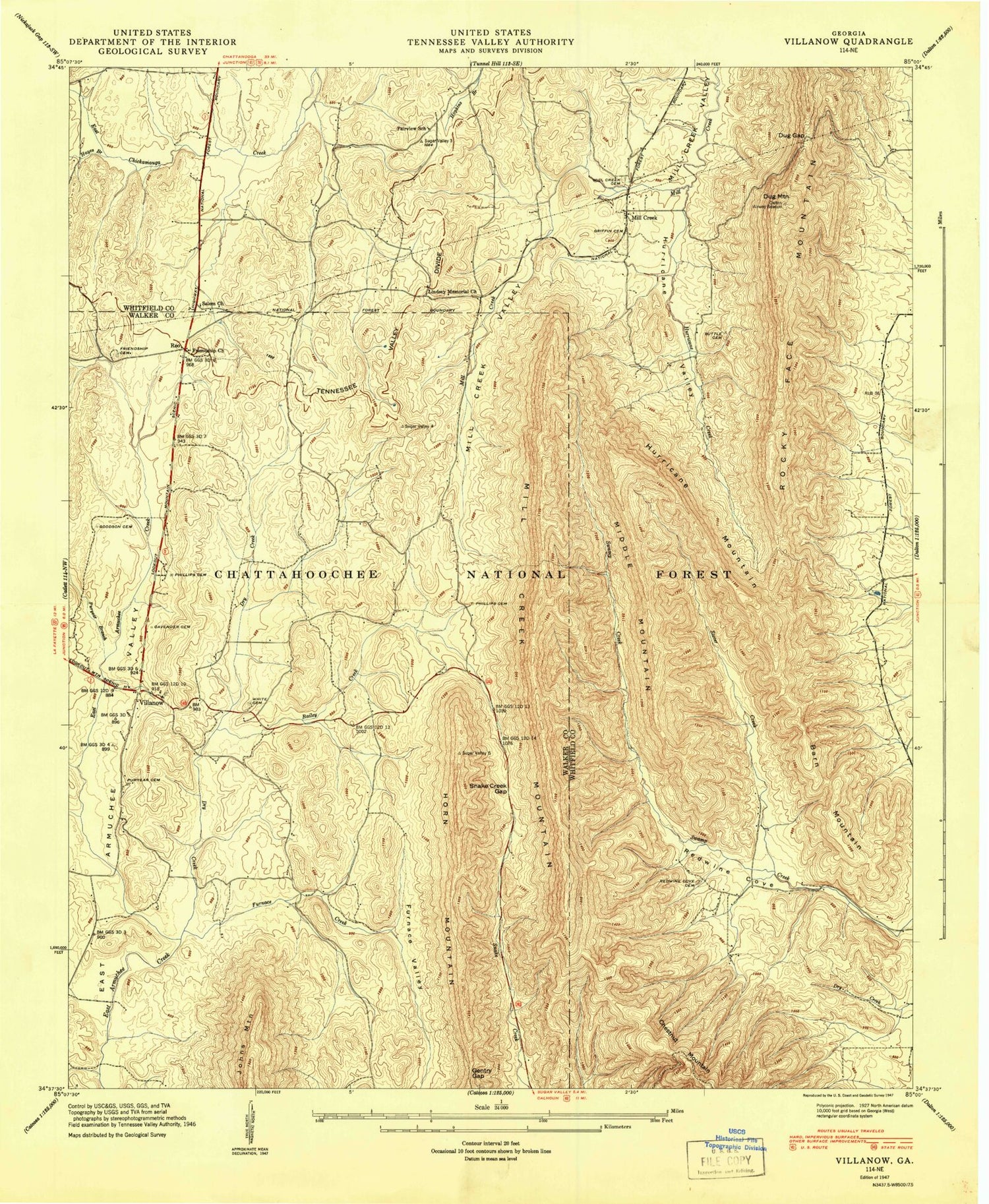 Classic USGS Villanow Georgia 7.5'x7.5' Topo Map Image