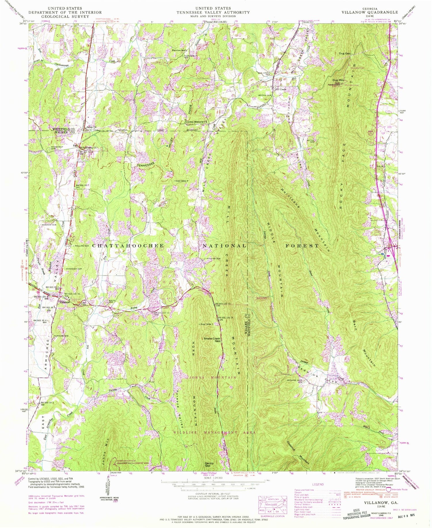 Classic USGS Villanow Georgia 7.5'x7.5' Topo Map Image