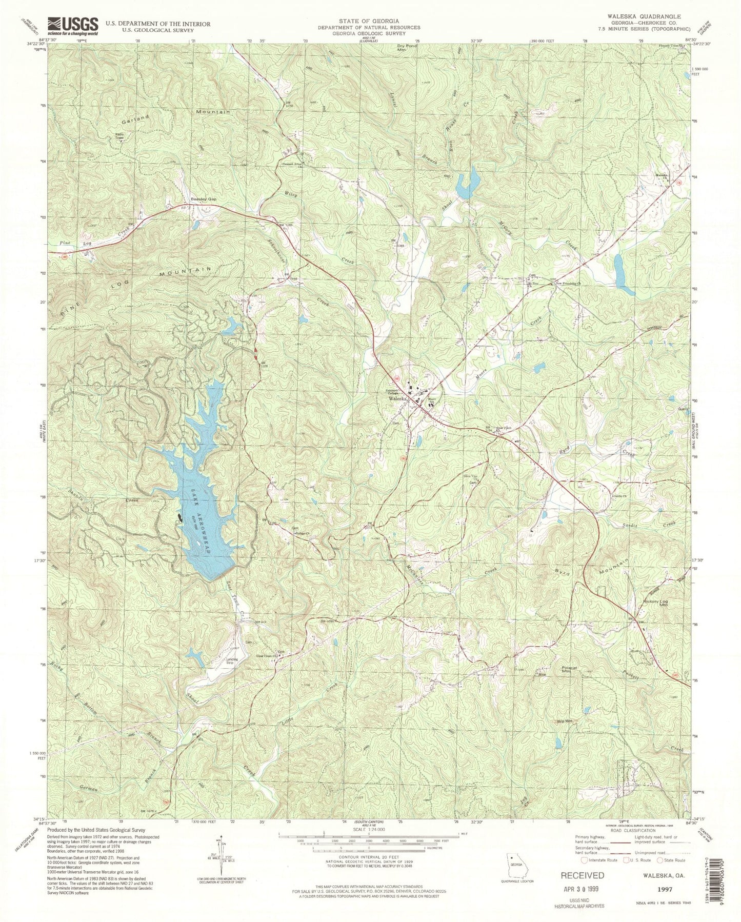 Classic USGS Waleska Georgia 7.5'x7.5' Topo Map Image