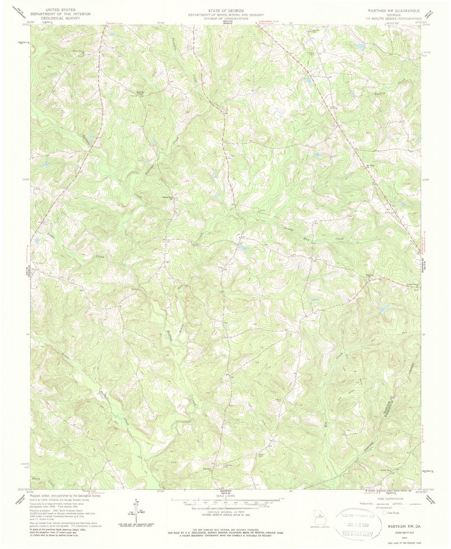 Classic USGS Warthen NW Georgia 7.5'x7.5' Topo Map Image