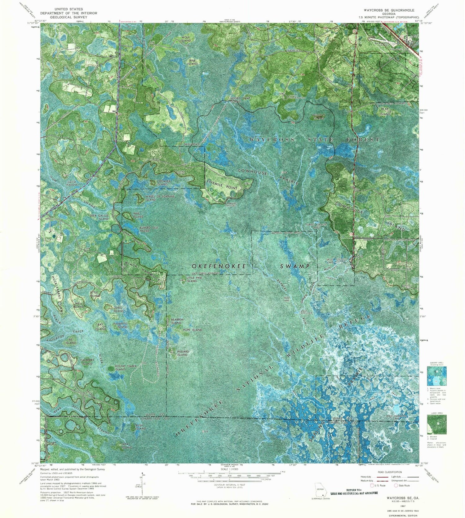 Classic USGS Waycross SE Georgia 7.5'x7.5' Topo Map Image