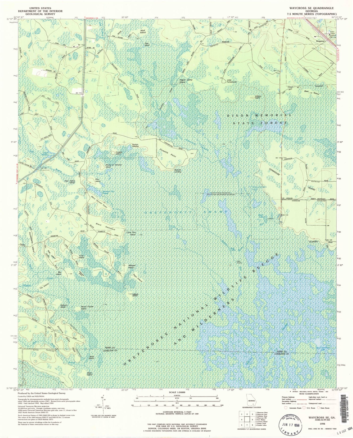 Classic USGS Waycross SE Georgia 7.5'x7.5' Topo Map Image