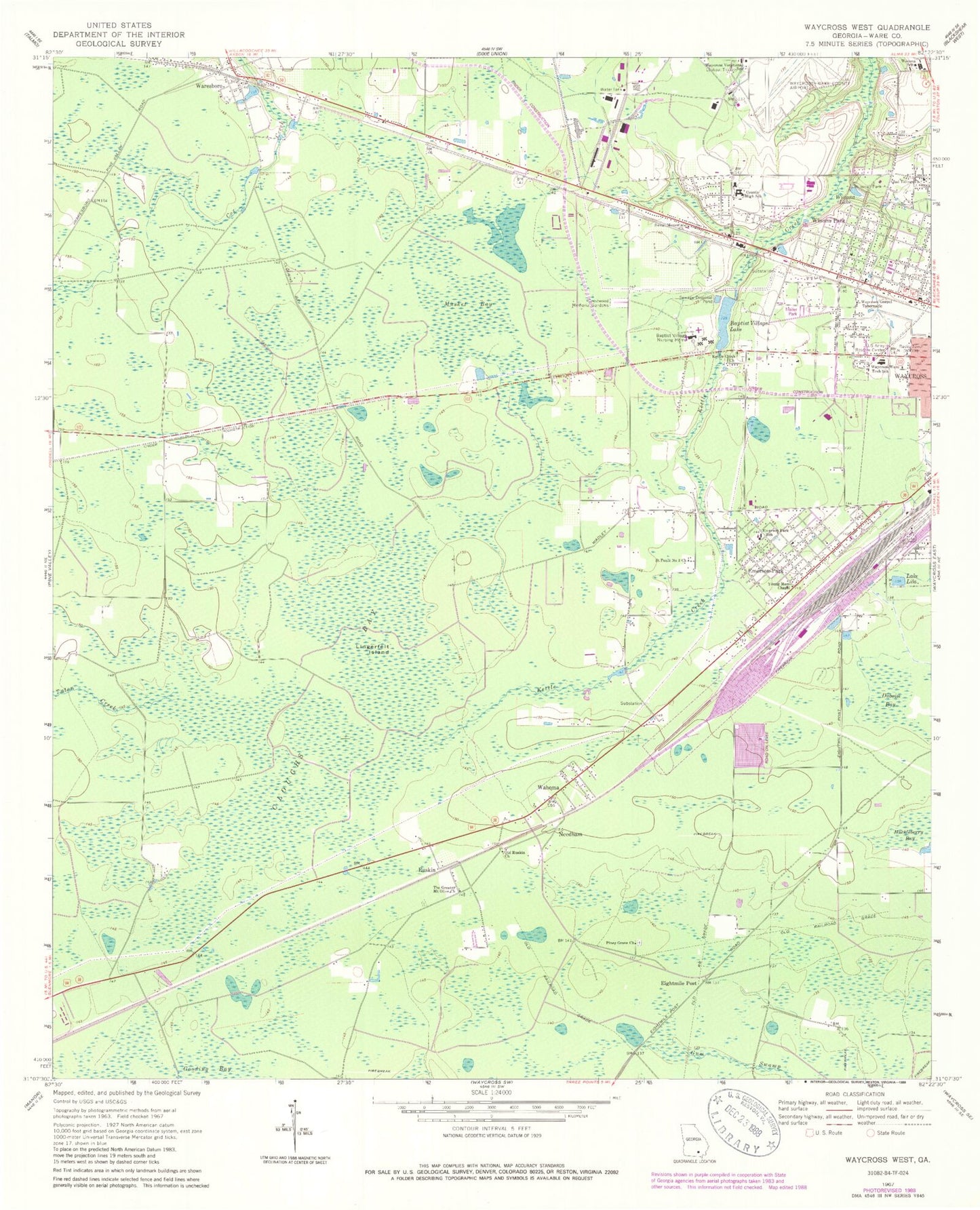 Classic USGS Waycross West Georgia 7.5'x7.5' Topo Map Image