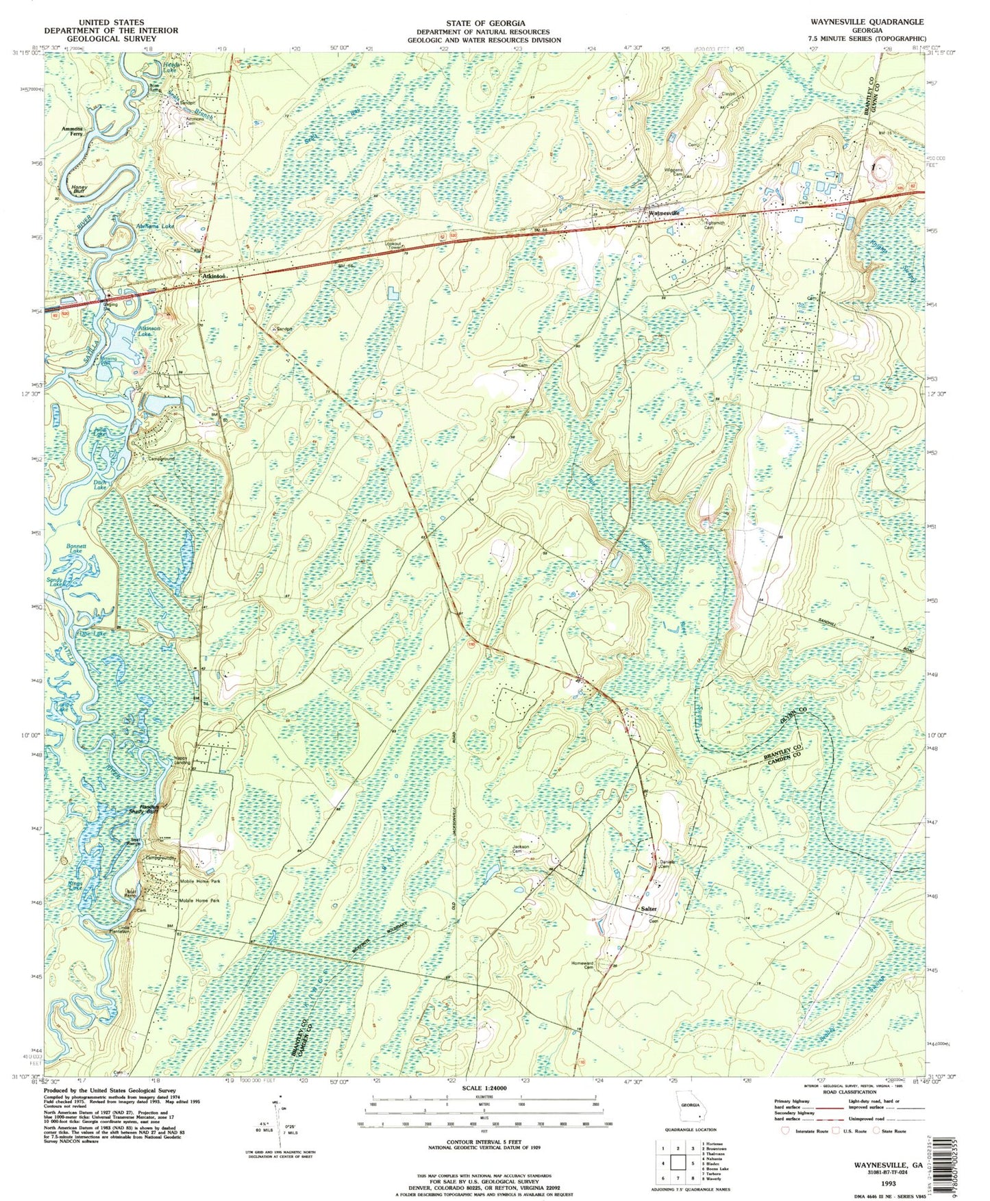Classic USGS Waynesville Georgia 7.5'x7.5' Topo Map Image