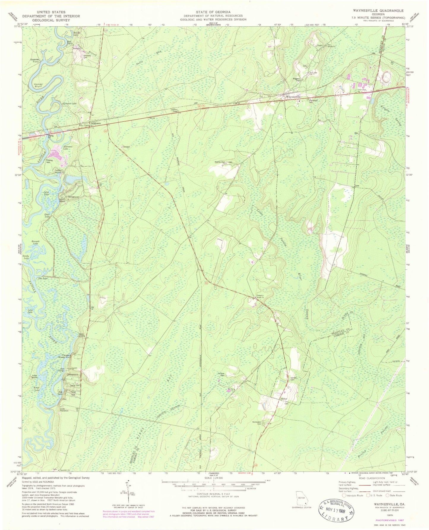 Classic USGS Waynesville Georgia 7.5'x7.5' Topo Map Image