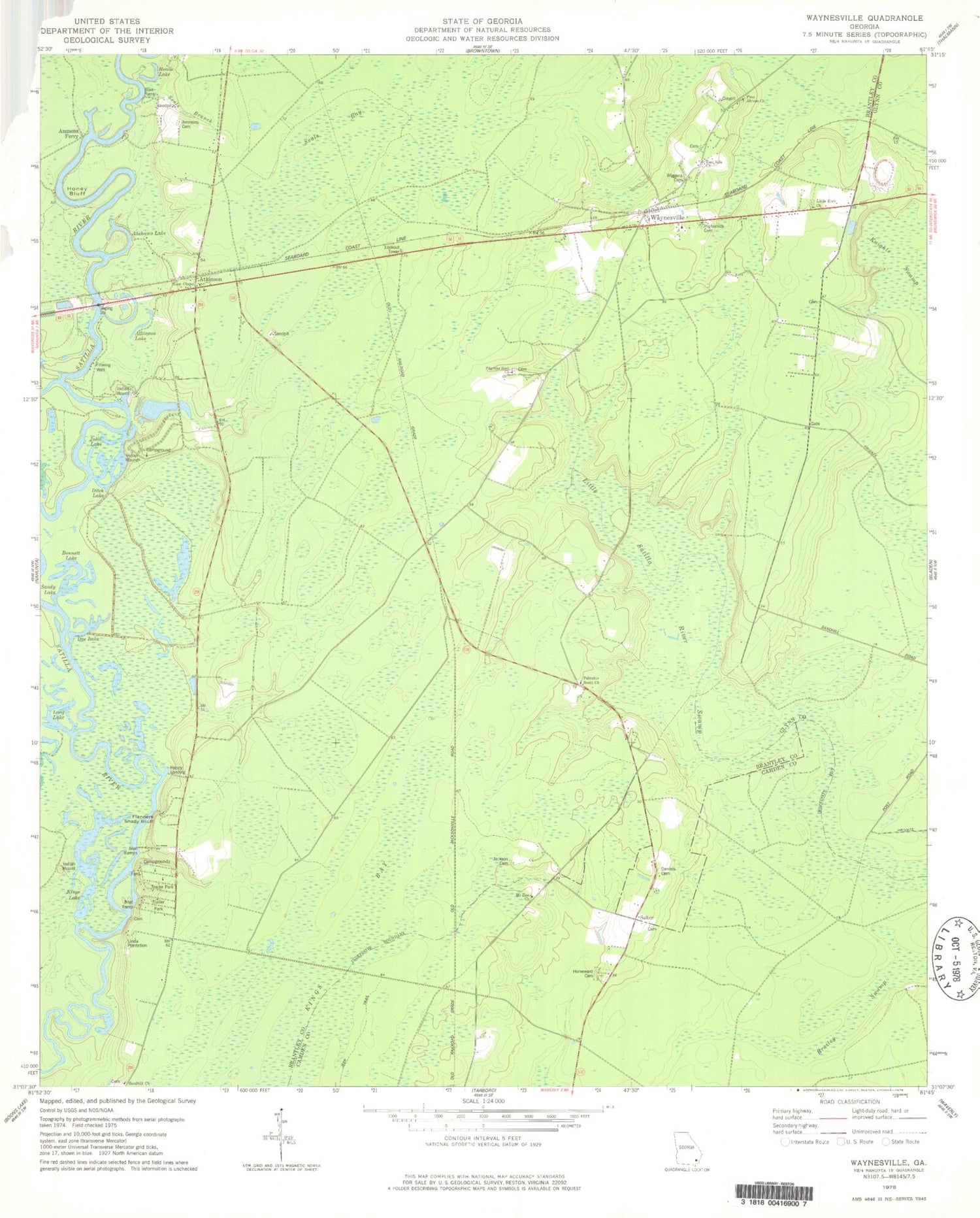 Classic USGS Waynesville Georgia 7.5'x7.5' Topo Map Image