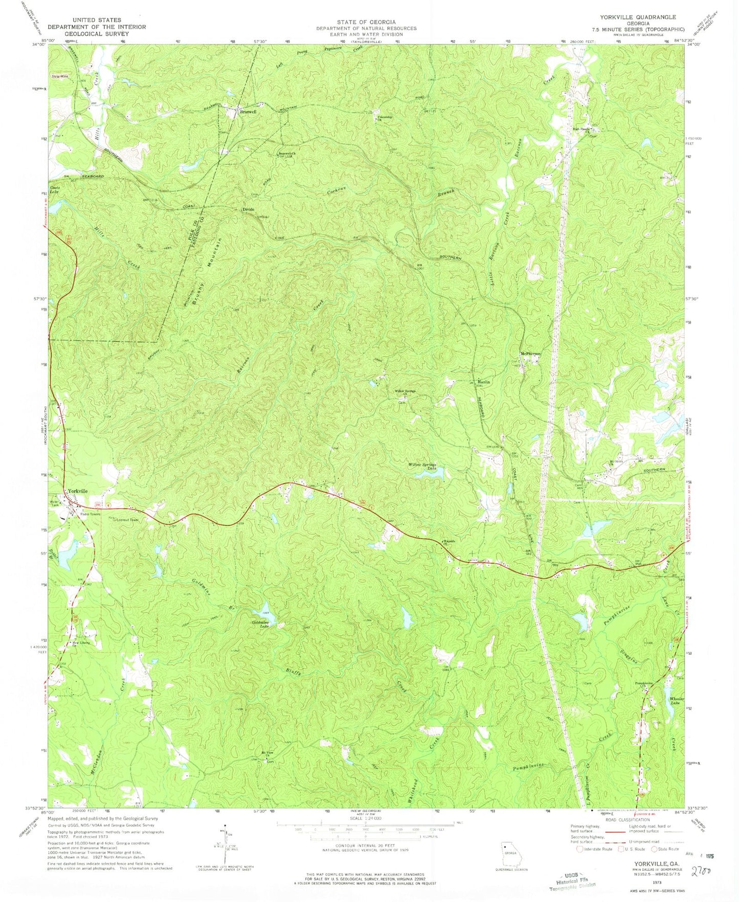 Classic USGS Yorkville Georgia 7.5'x7.5' Topo Map Image