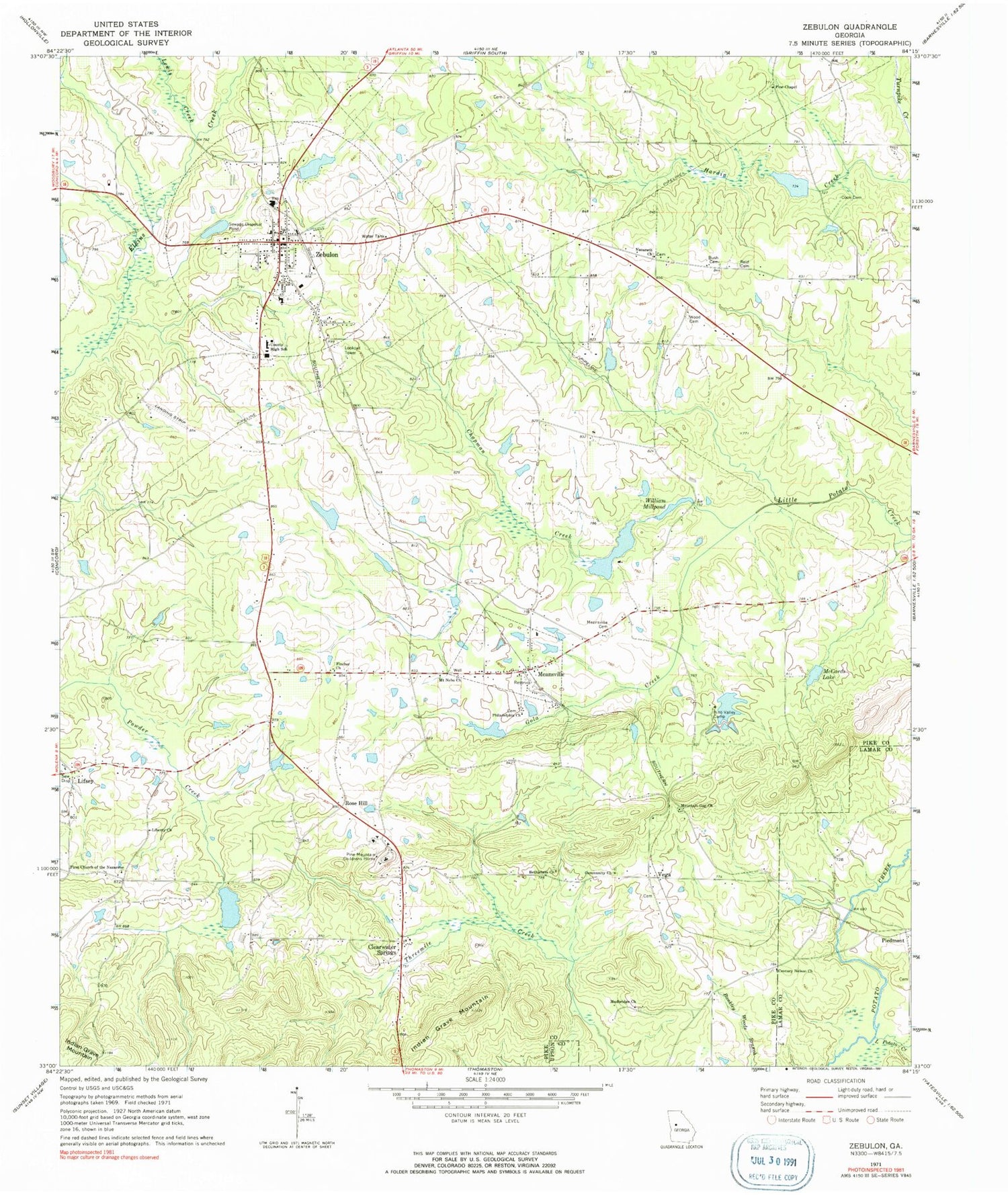Classic USGS Zebulon Georgia 7.5'x7.5' Topo Map Image