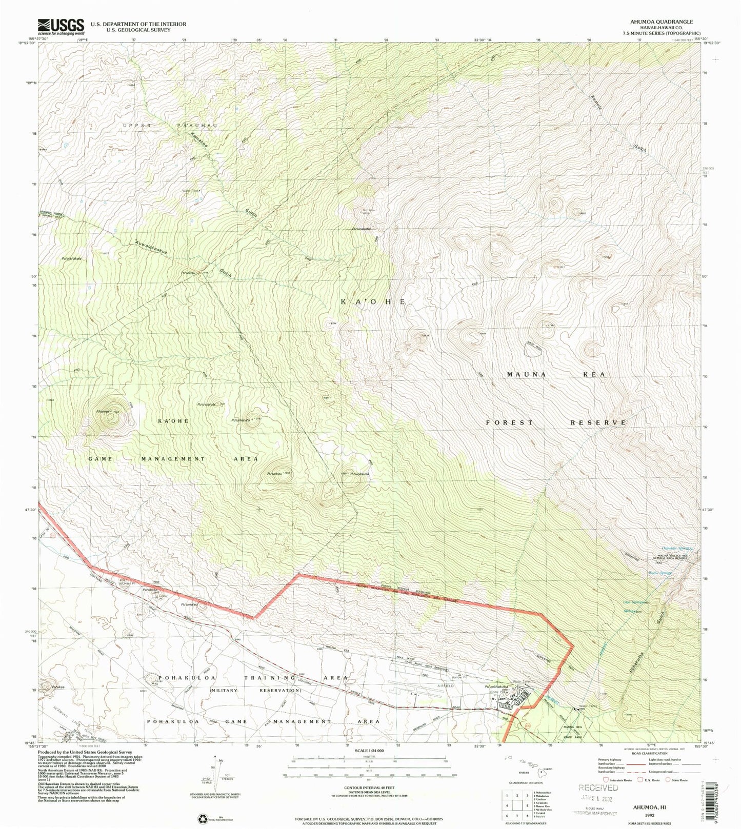 Classic USGS Ahumoa Hawaii 7.5'x7.5' Topo Map Image