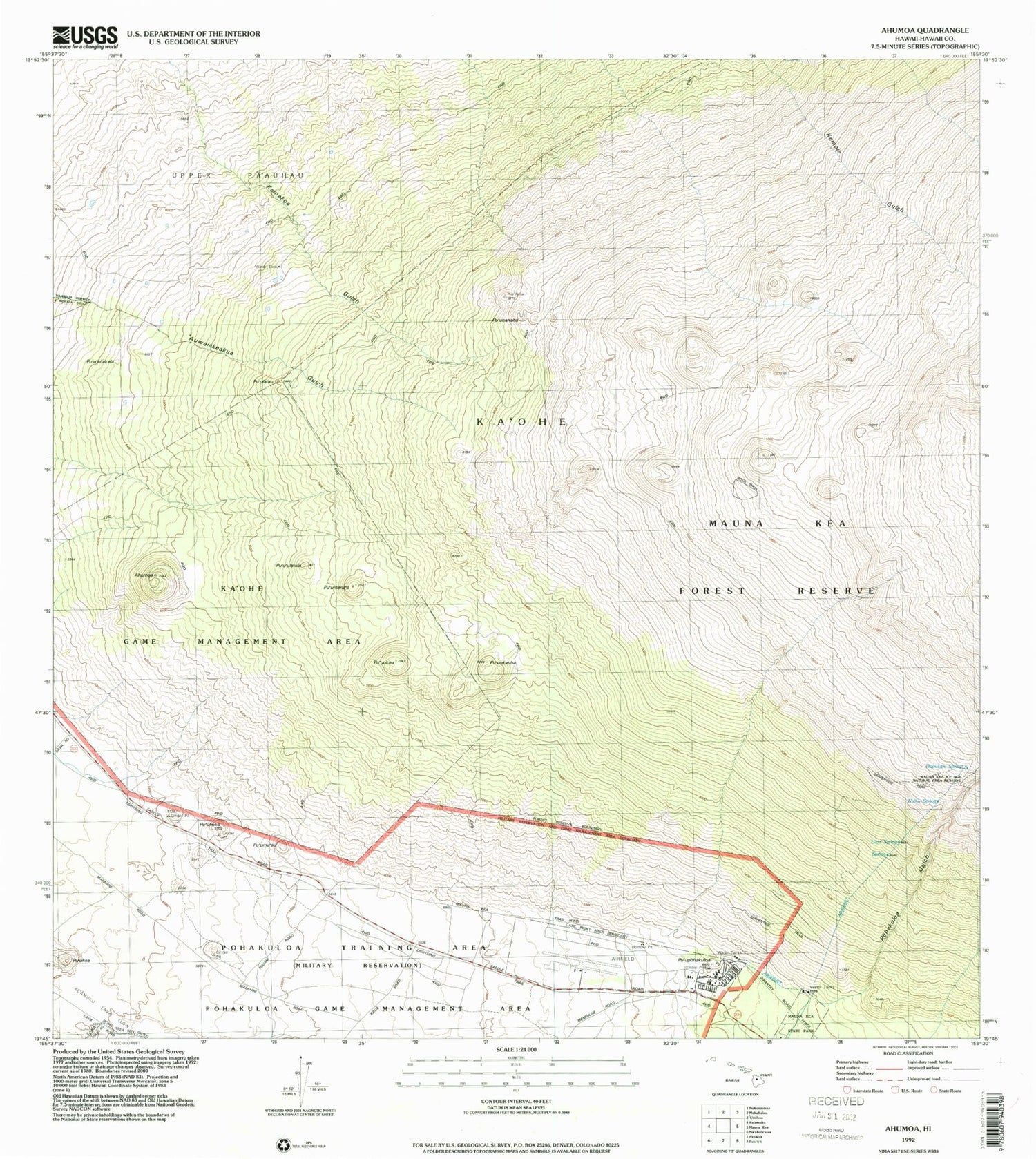 Classic USGS Ahumoa Hawaii 7.5'x7.5' Topo Map Image